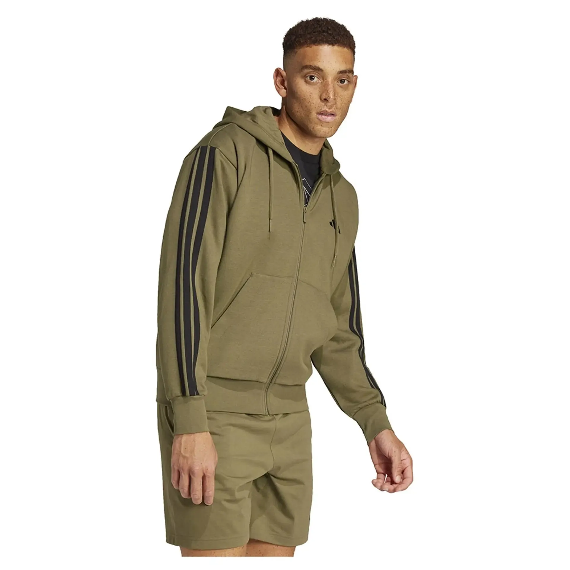 ADIDAS MEN'S 3-STRIPE OLIVE FLEECE JACKET