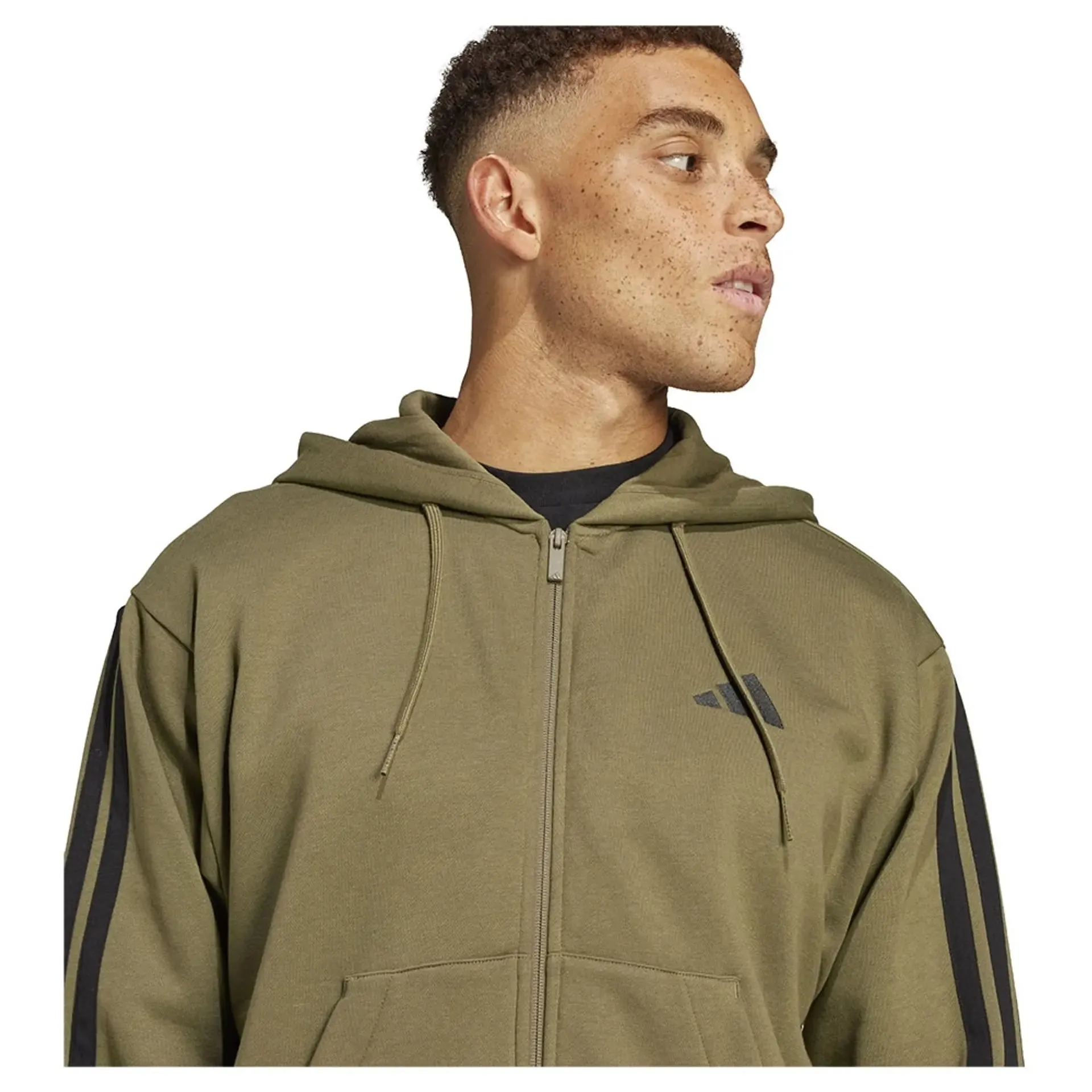 ADIDAS MEN'S 3-STRIPE OLIVE FLEECE JACKET