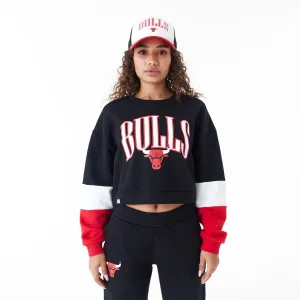 Chicago Bulls Womens NBA Colour Block Black Crop Crew Neck Sweatshirt NEW ERA