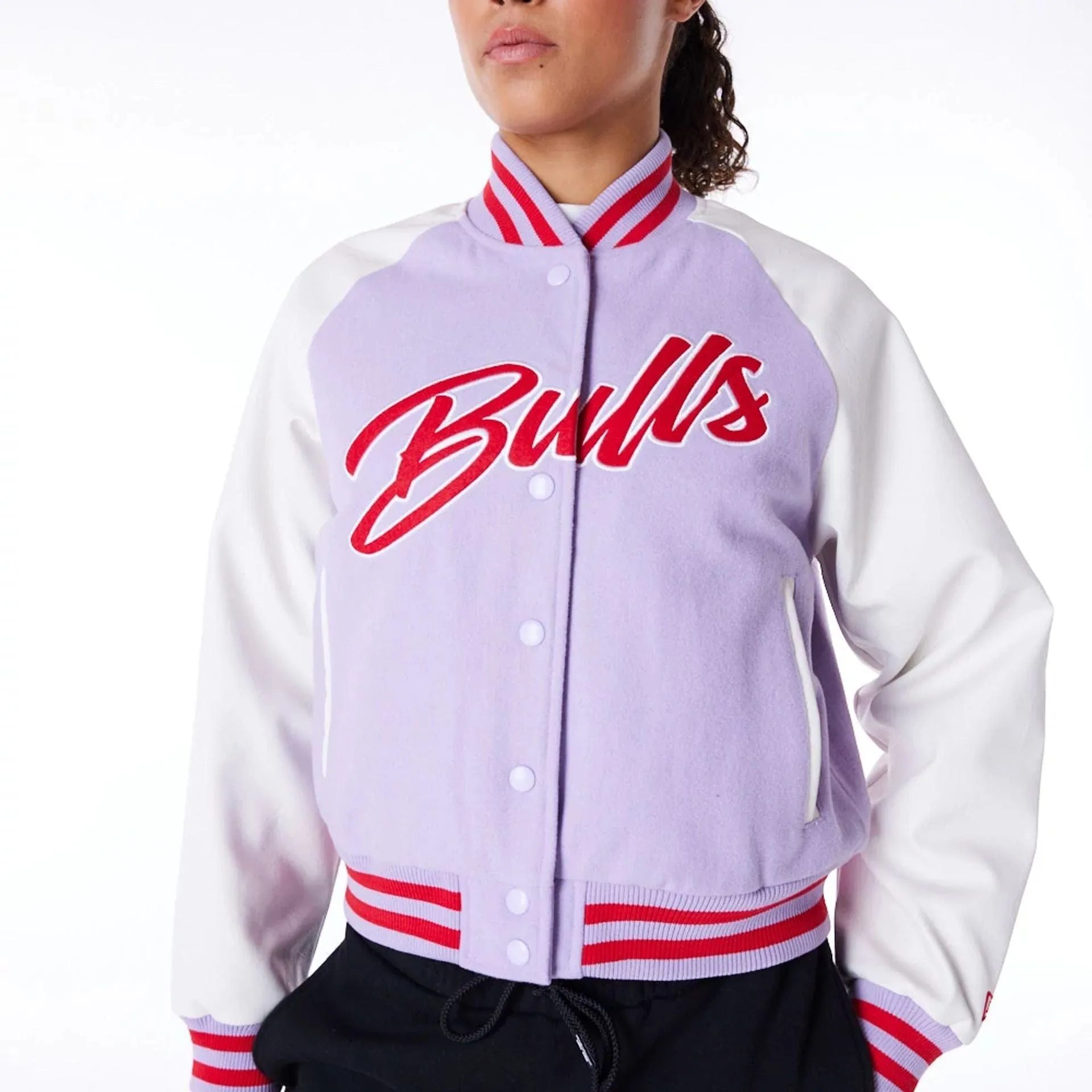 Chicago Bulls Womens NBA Pastel Purple Varsity Jacket NEW ERA