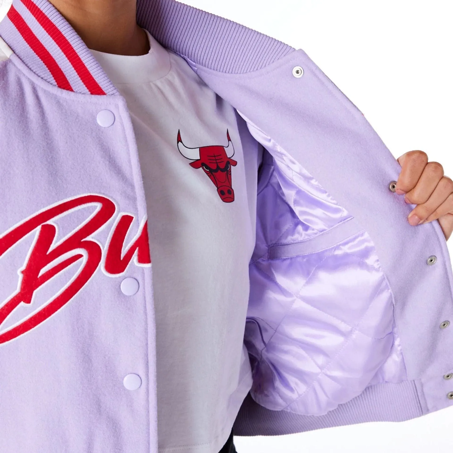 Chicago Bulls Womens NBA Pastel Purple Varsity Jacket NEW ERA