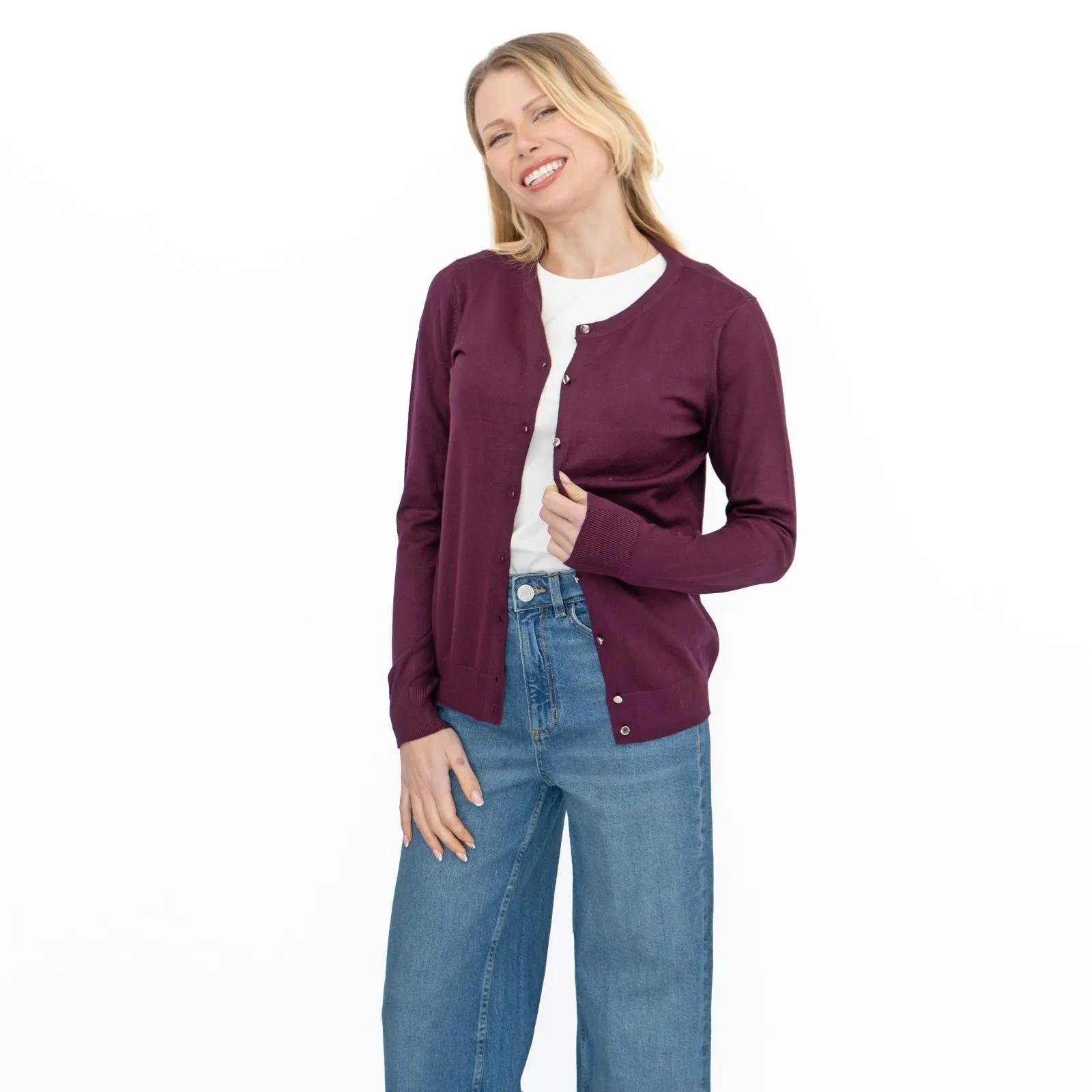 Dorothy Perkins Womens Cardigan Crew Neck Button Up Burgundy