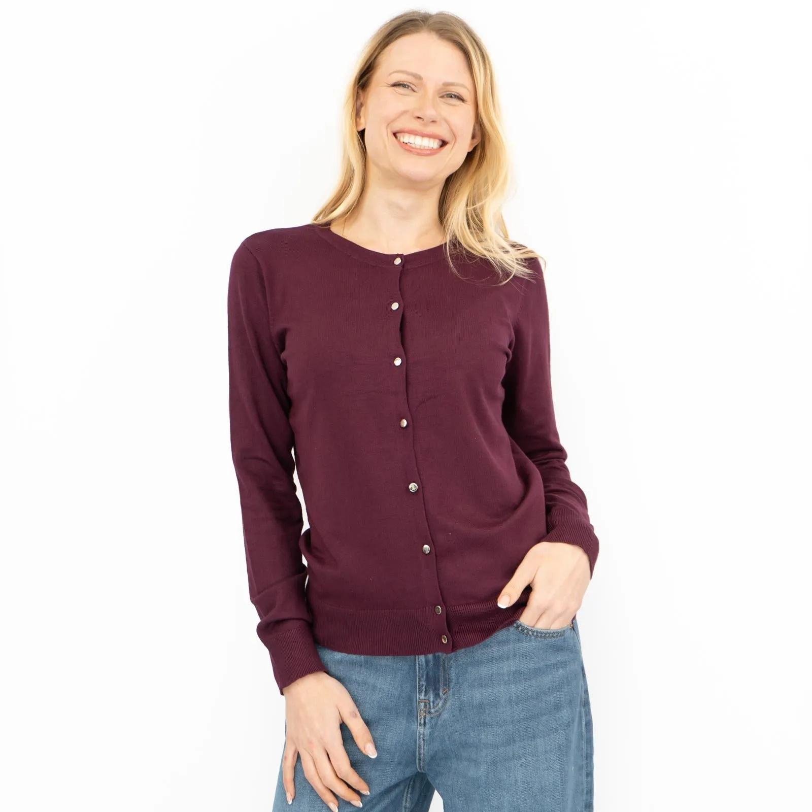 Dorothy Perkins Womens Cardigan Crew Neck Button Up Burgundy