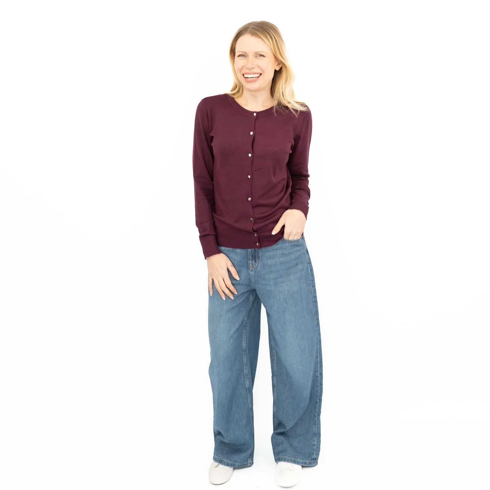 Dorothy Perkins Womens Cardigan Crew Neck Button Up Burgundy