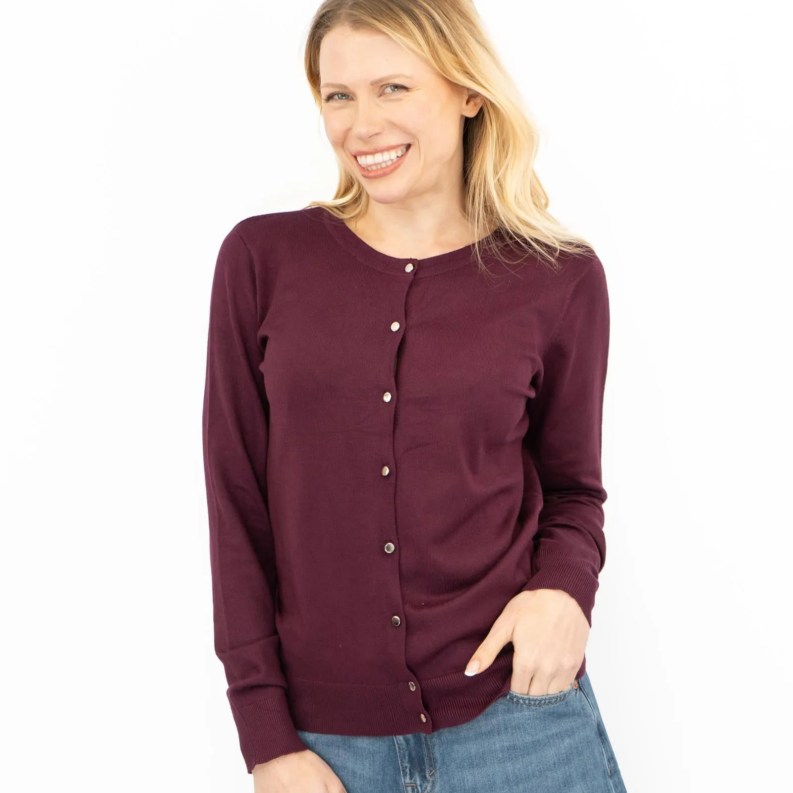 Dorothy Perkins Womens Cardigan Crew Neck Button Up Burgundy