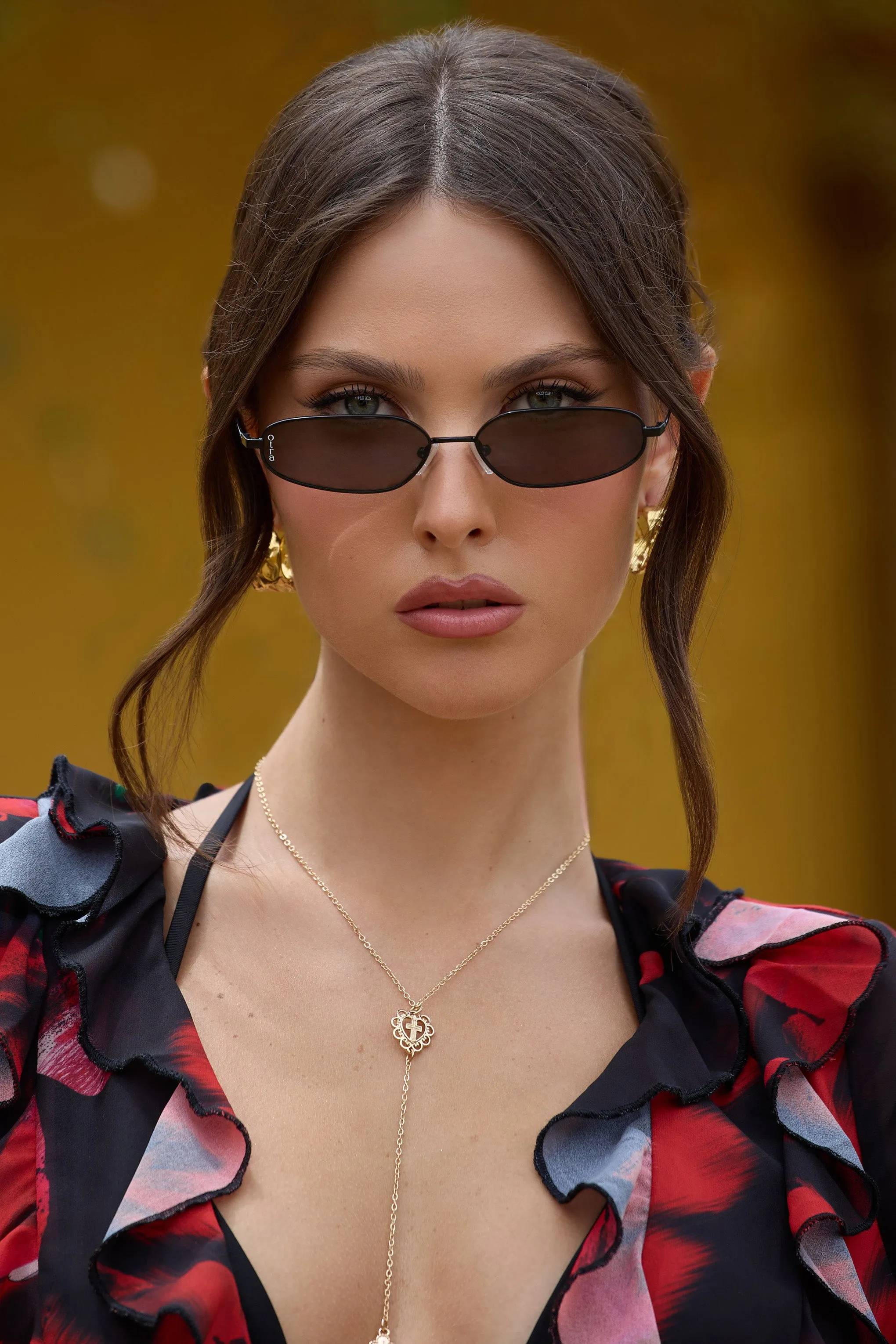 Drew | Otra Black Metal Thin Rectangular Sunglasses Club L London