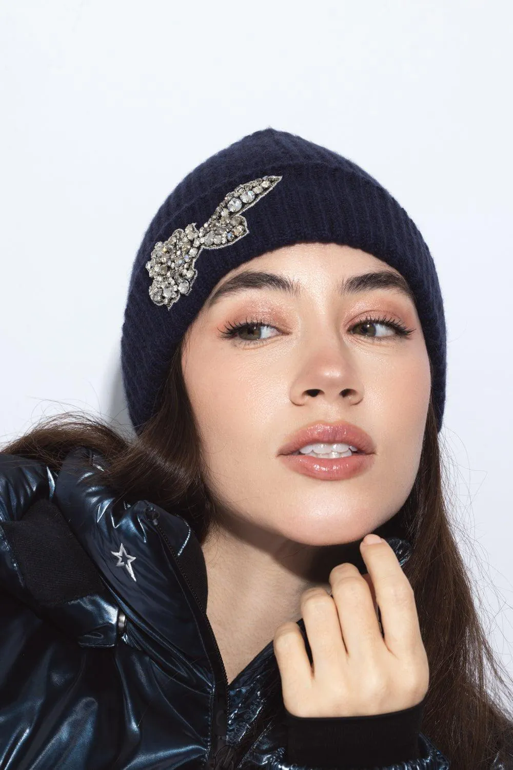 Embroidered Knitted Hat - Navy