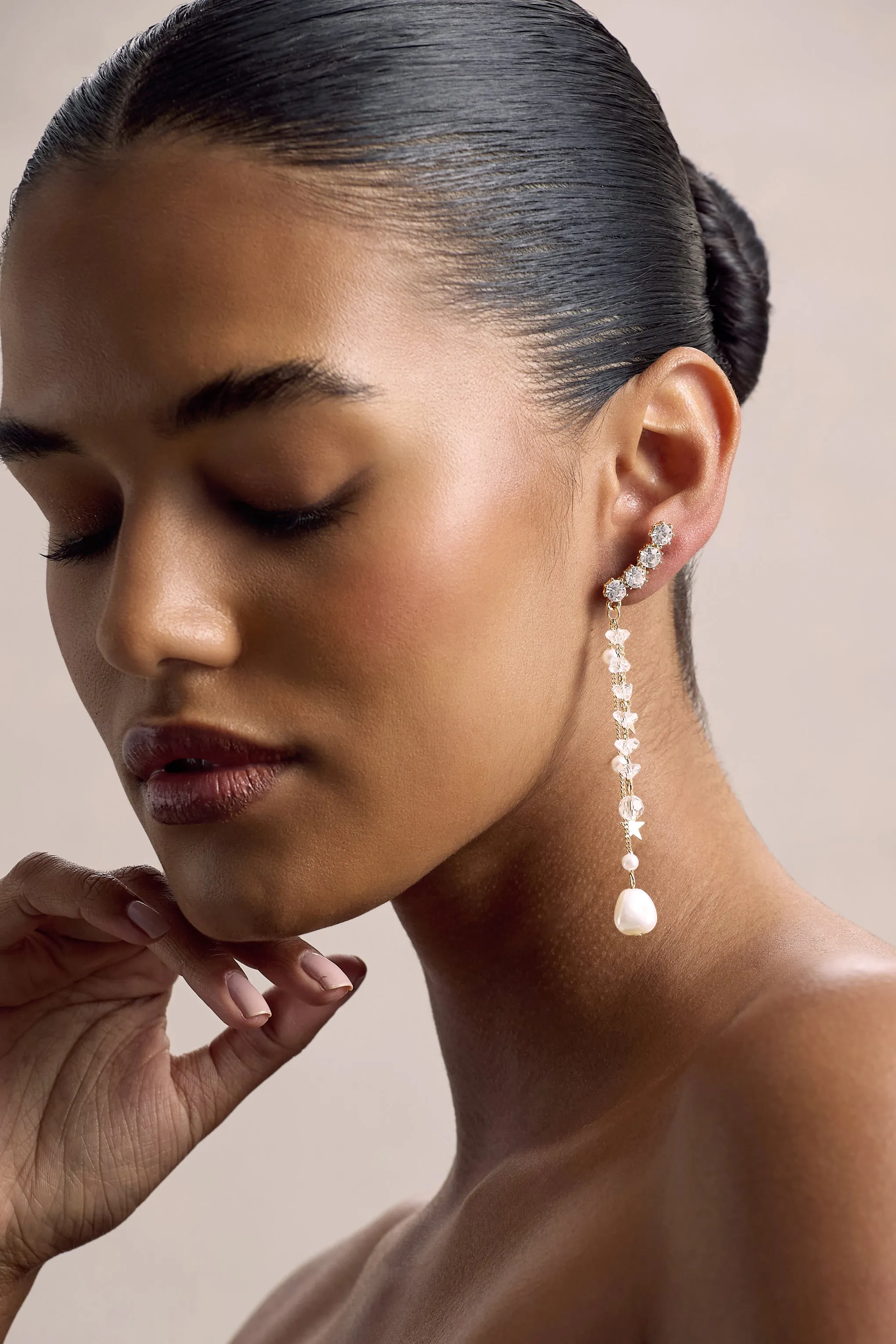 In the Stars | Gold Diamante Pearl Star Tassel Earrings Club L London