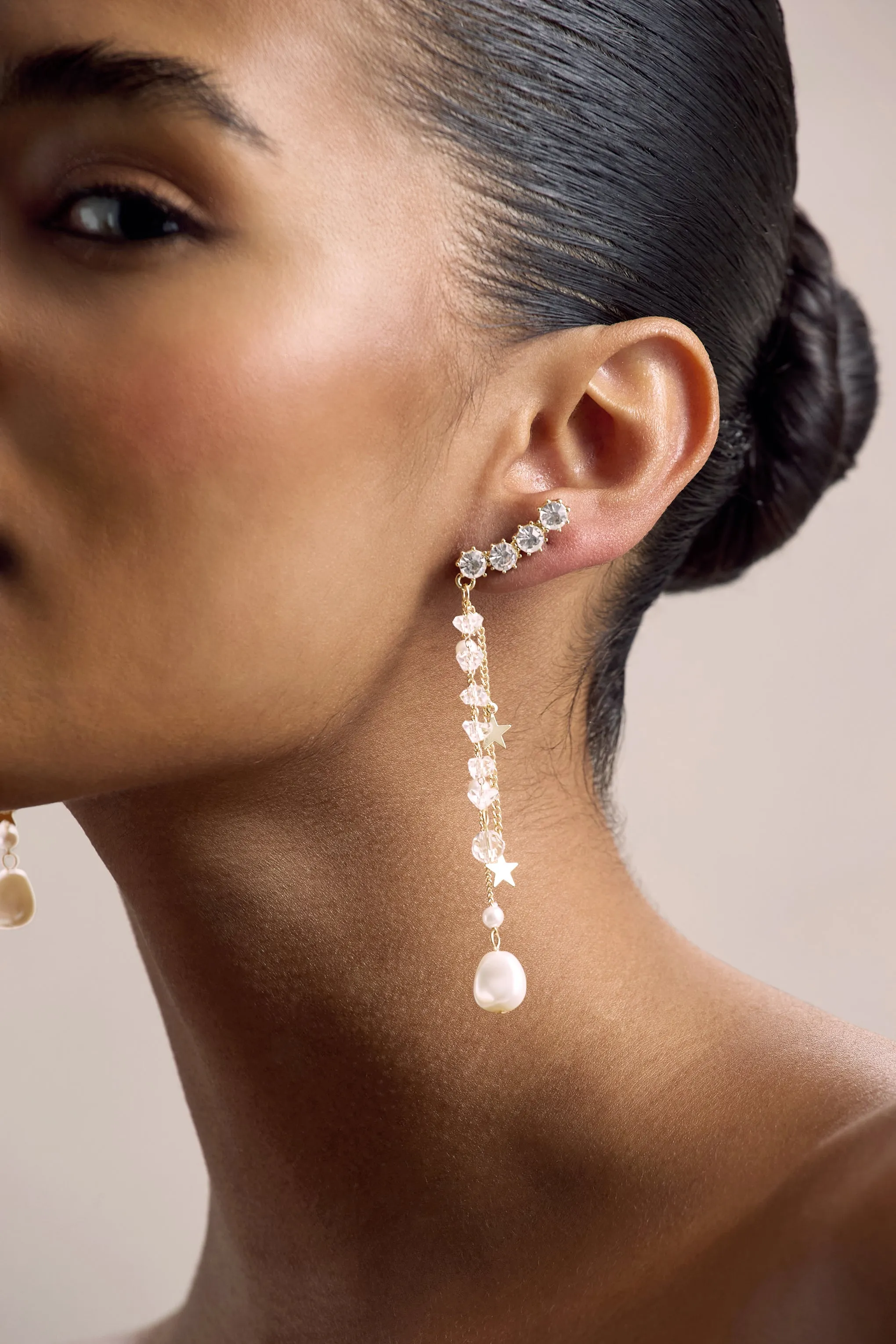 In the Stars | Gold Diamante Pearl Star Tassel Earrings Club L London