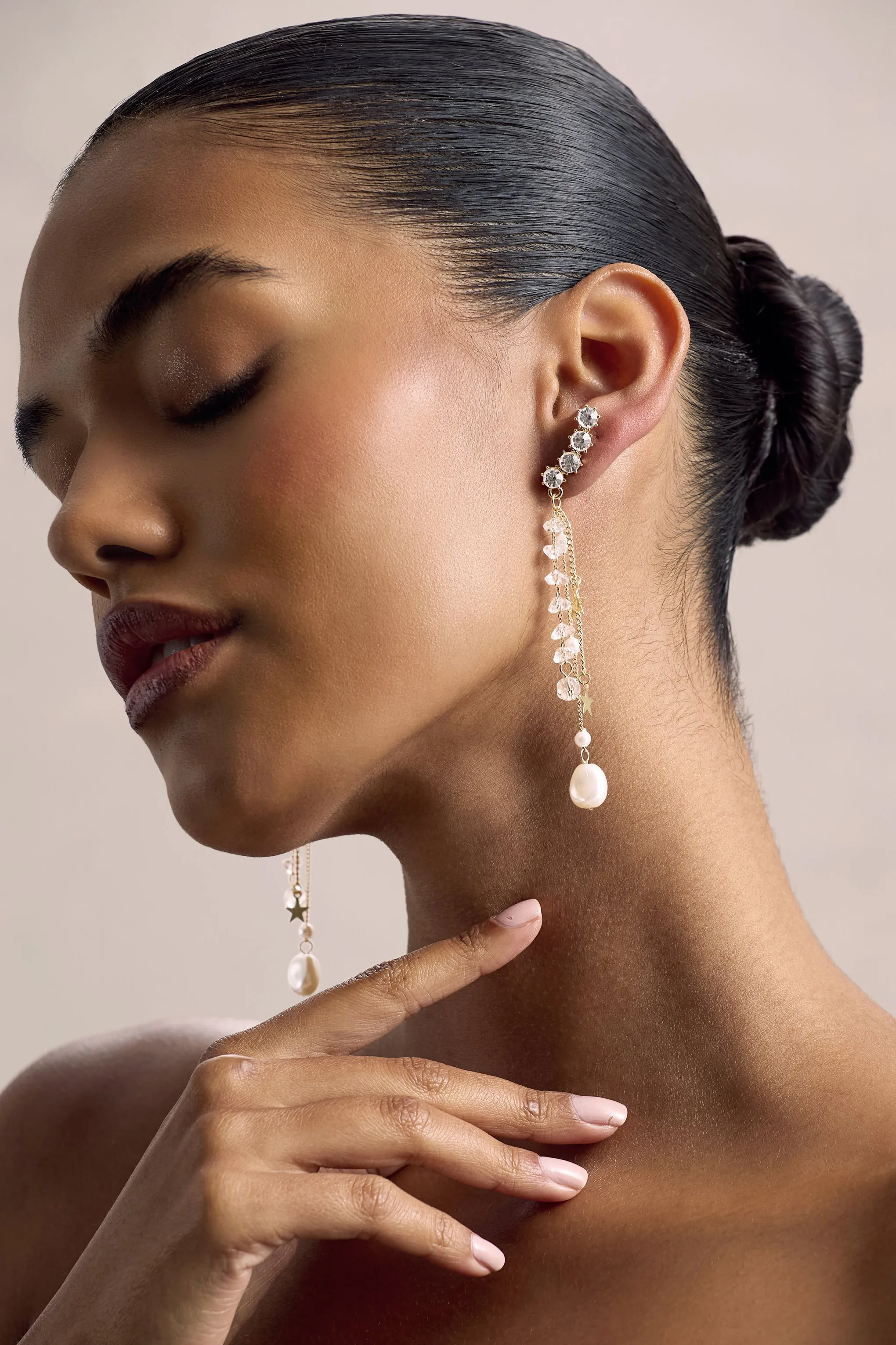 In the Stars | Gold Diamante Pearl Star Tassel Earrings Club L London
