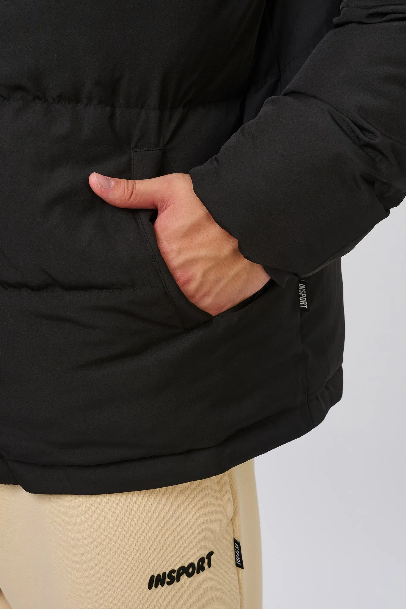 INSPORT MENS HOODED PUFFER JACKET BLACK