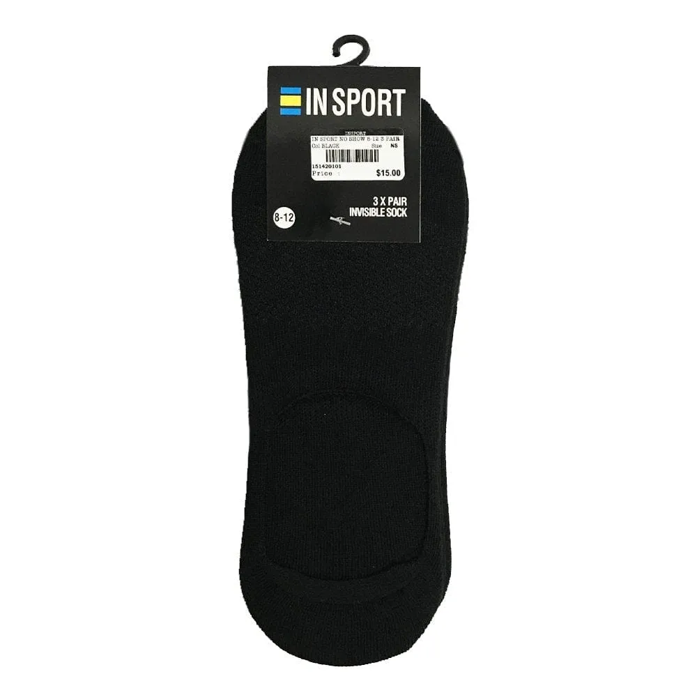INSPORT UNISEX NO SHOW INVISIBLE 3 PACK BLACK SOCKS