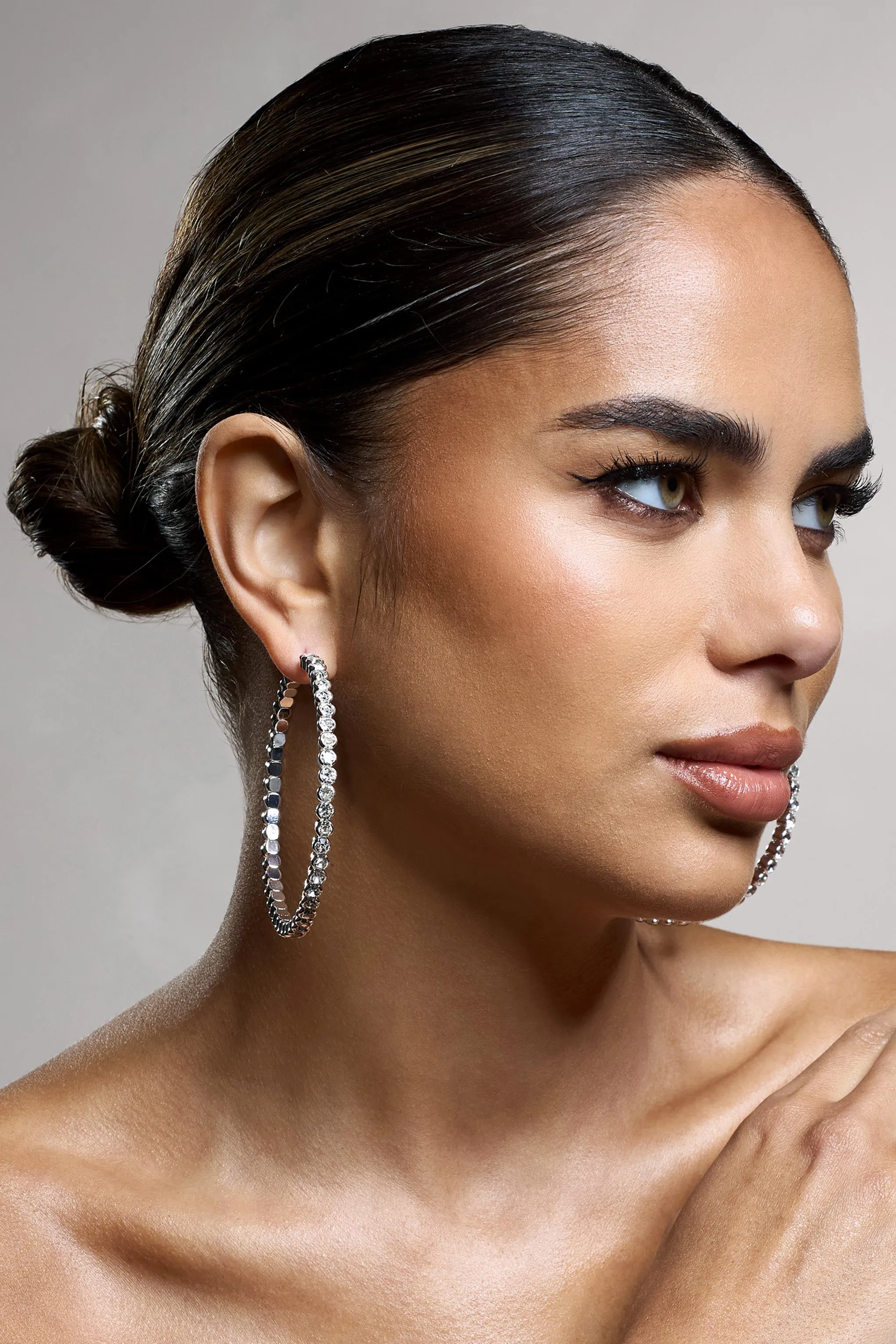 Jude | Silver Diamante Large Hoop Earrings Club L London