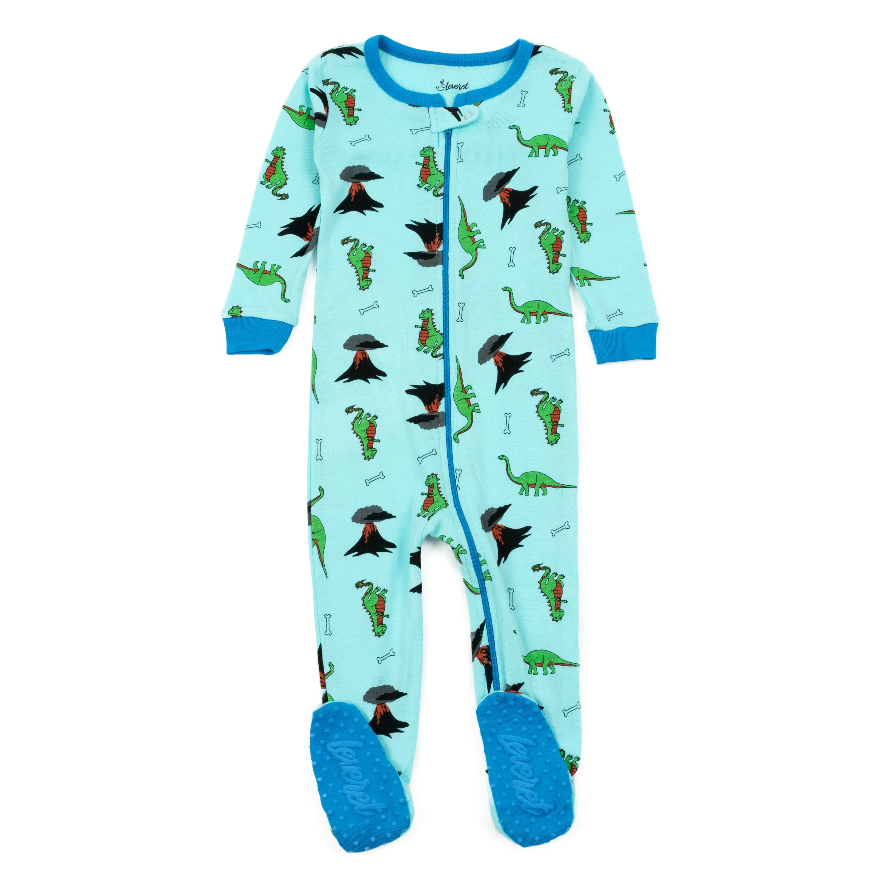 Kids Footed Cotton Pajamas Dinosaur Blue