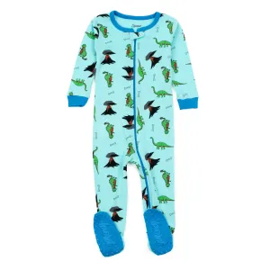Kids Footed Cotton Pajamas Dinosaur Blue