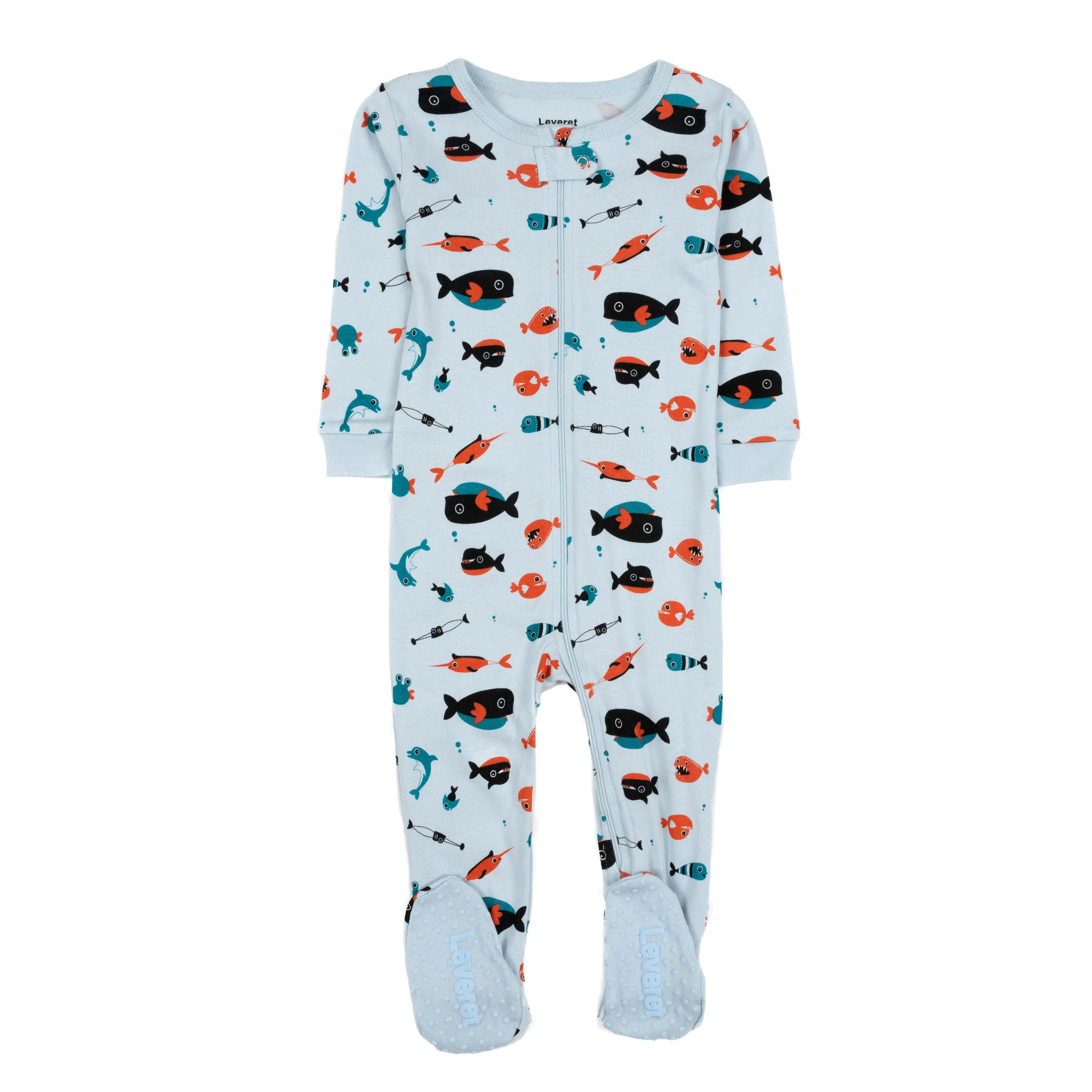 Kids Footed Cotton Pajamas Sharks Light Blue