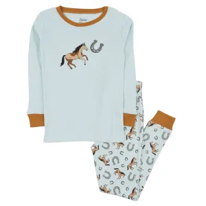 Kids Two Piece Cotton Pajamas Blue Horse