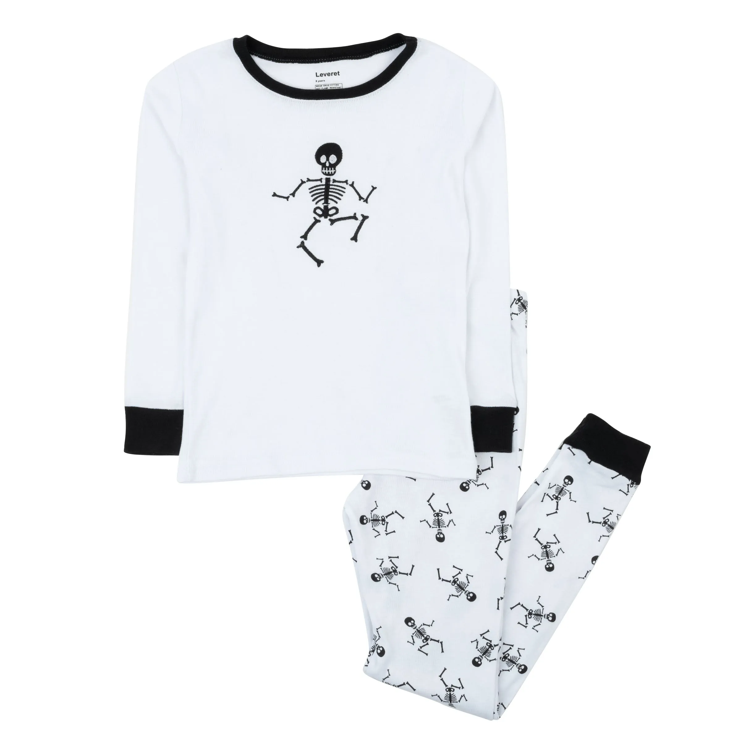 Kids Two Piece Cotton Pajamas Skeleton White