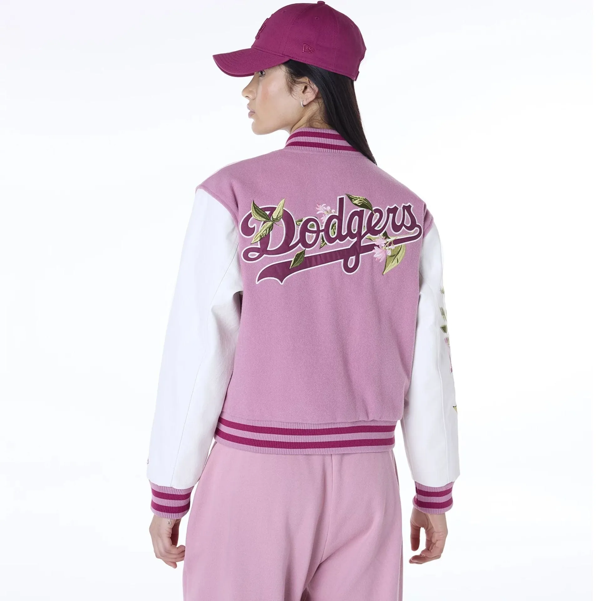 LA Dodgers Womens MLB Floral Dark Pink Varsity Jacket NEW ERA