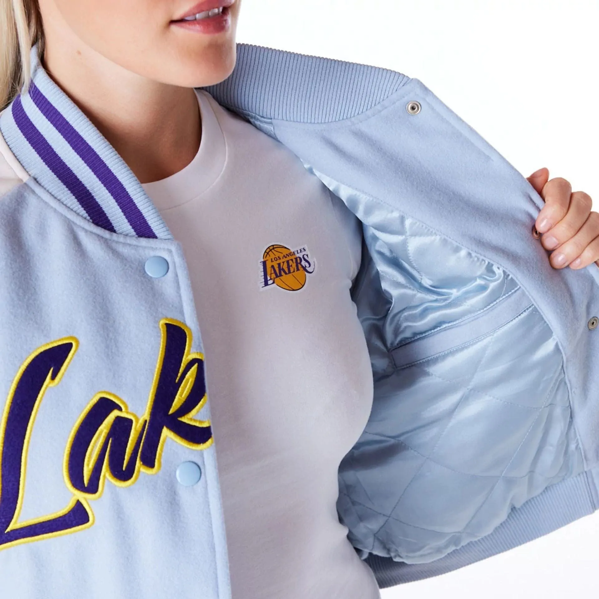 LA Lakers Womens NBA Pastel Blue Varsity Jacket NEW ERA