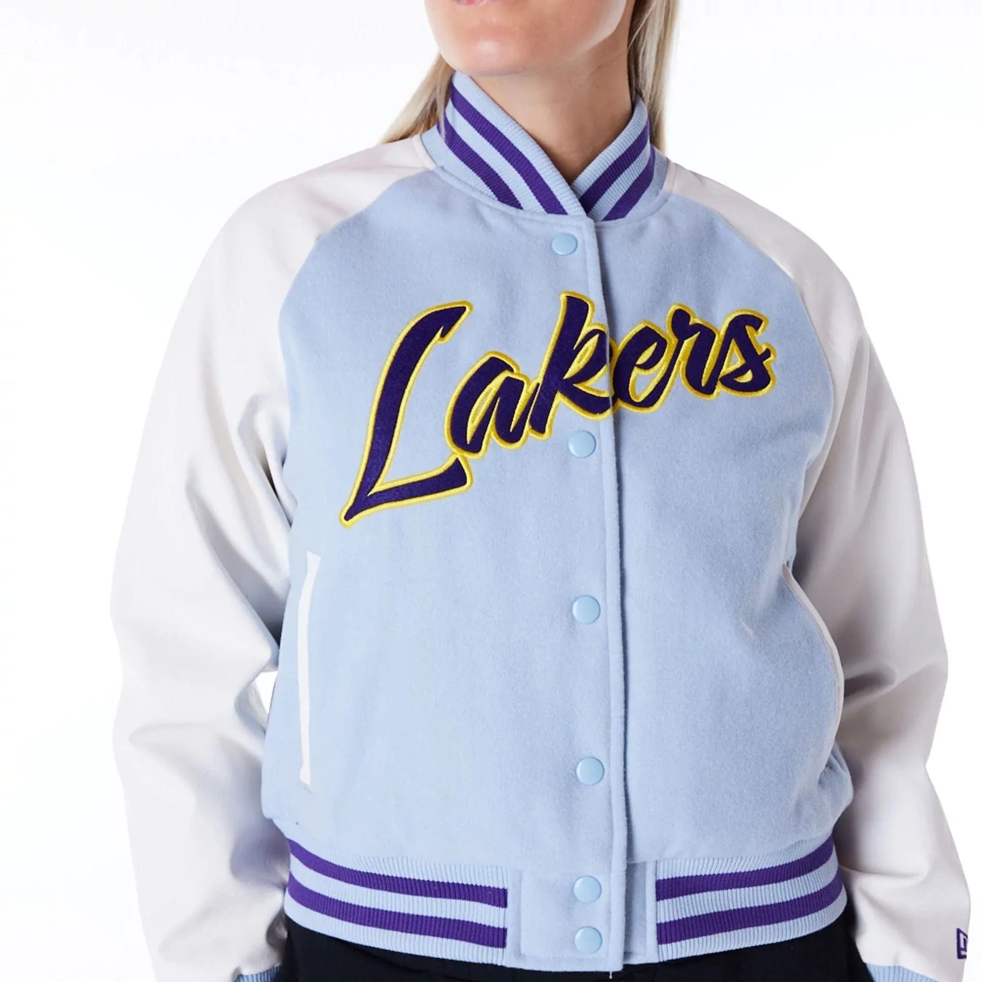 LA Lakers Womens NBA Pastel Blue Varsity Jacket NEW ERA