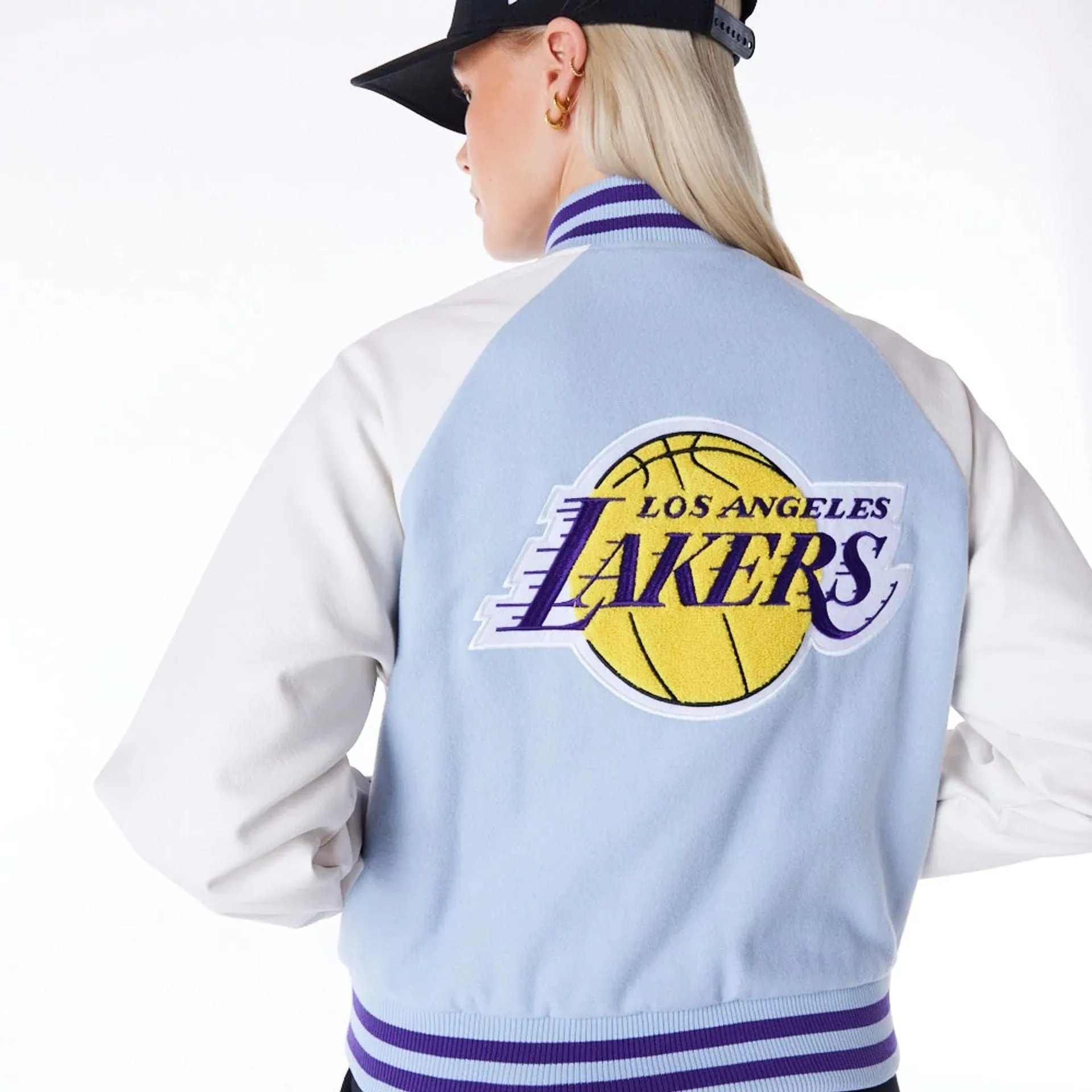 LA Lakers Womens NBA Pastel Blue Varsity Jacket NEW ERA
