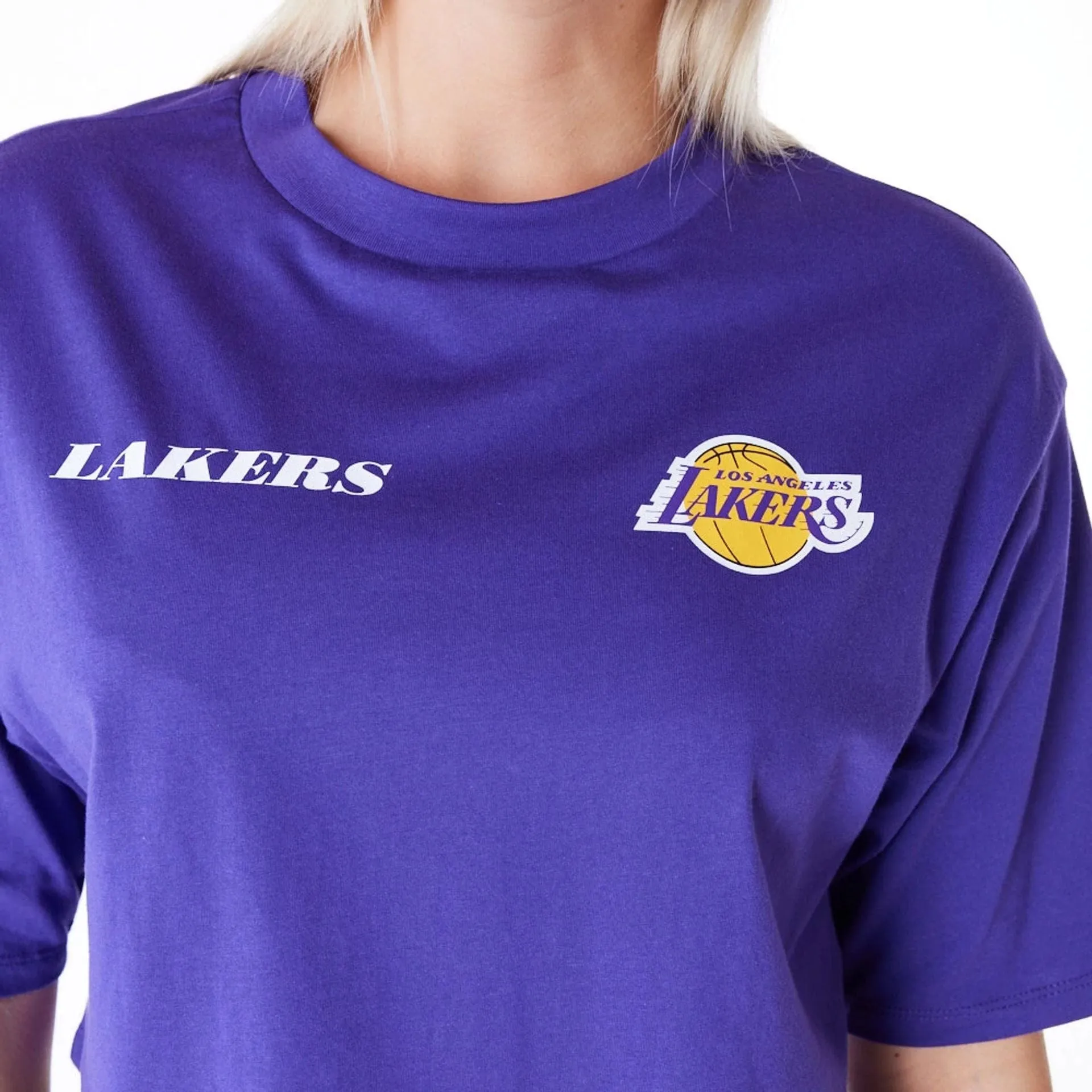 LA Lakers Womens NBA Team Logo Wordmark Purple Crop T-Shirt NEW ERA