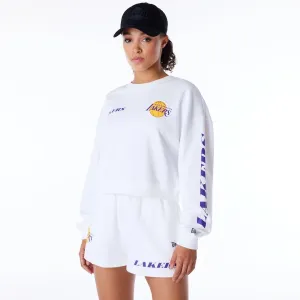 LA Lakers Womens NBA Wordmark White Crop Crew Neck Sweatshirt NEW ERA