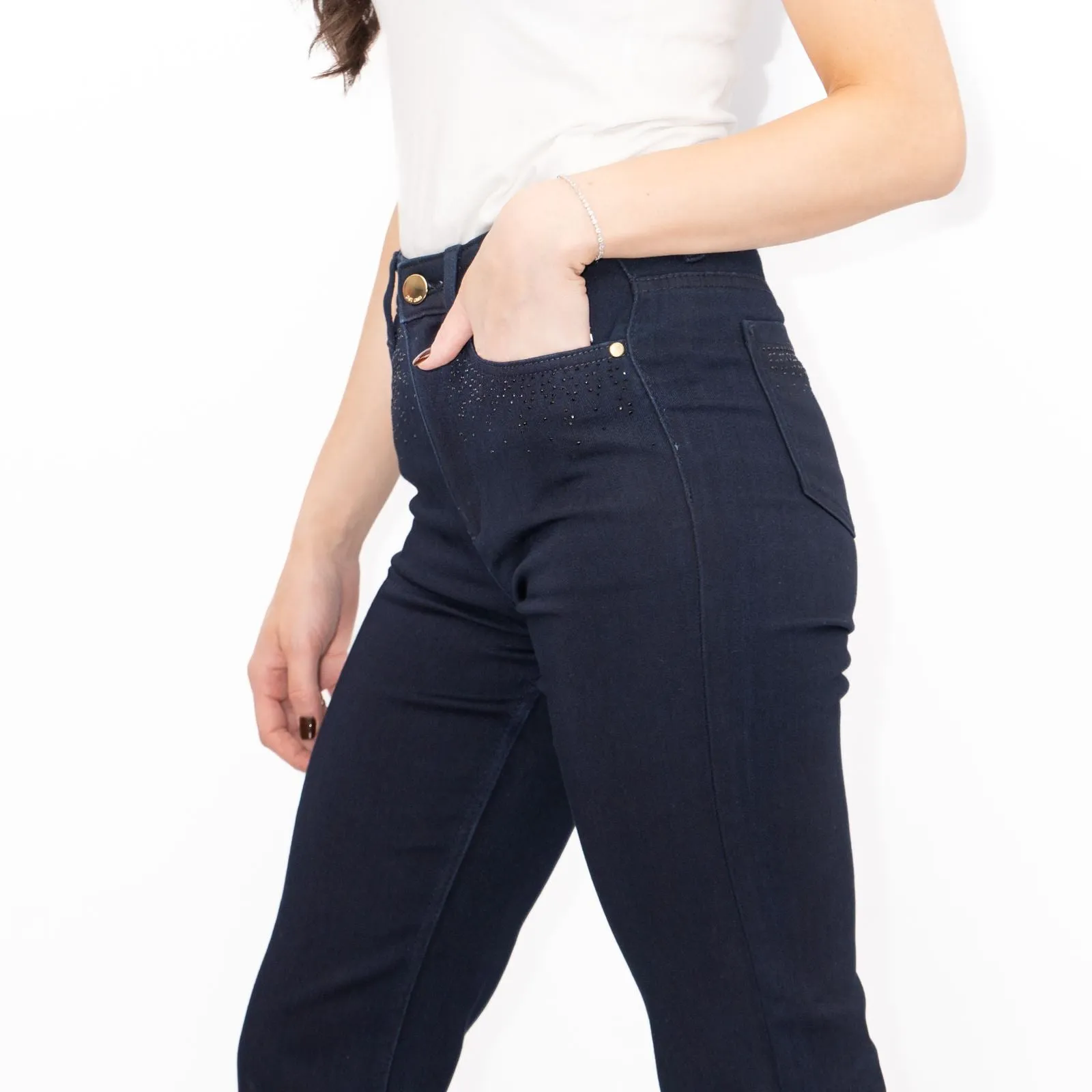 M&S Womens Jeans High Waisted Embellished Sparkle Stretch Straight Leg Indigo
