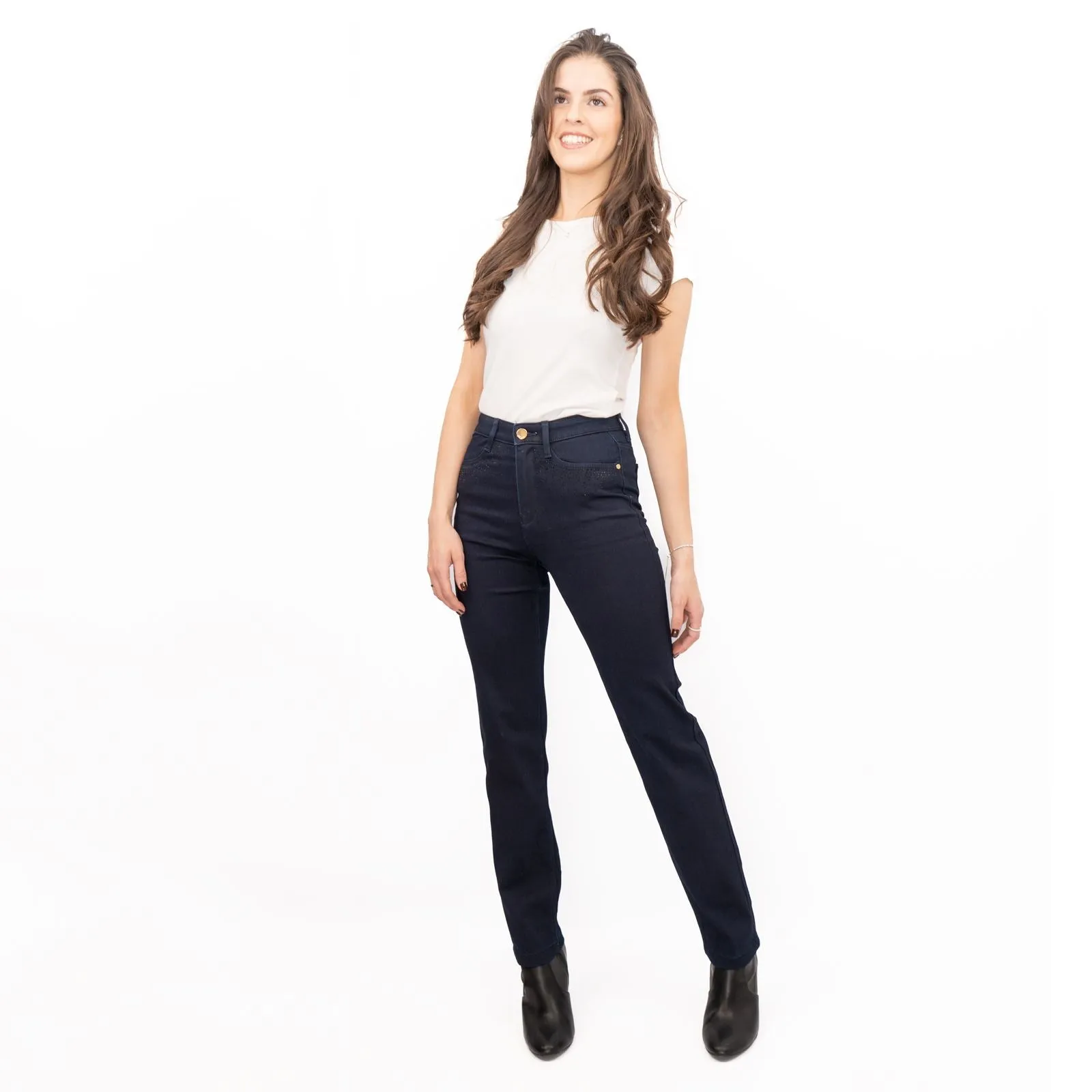 M&S Womens Jeans High Waisted Embellished Sparkle Stretch Straight Leg Indigo