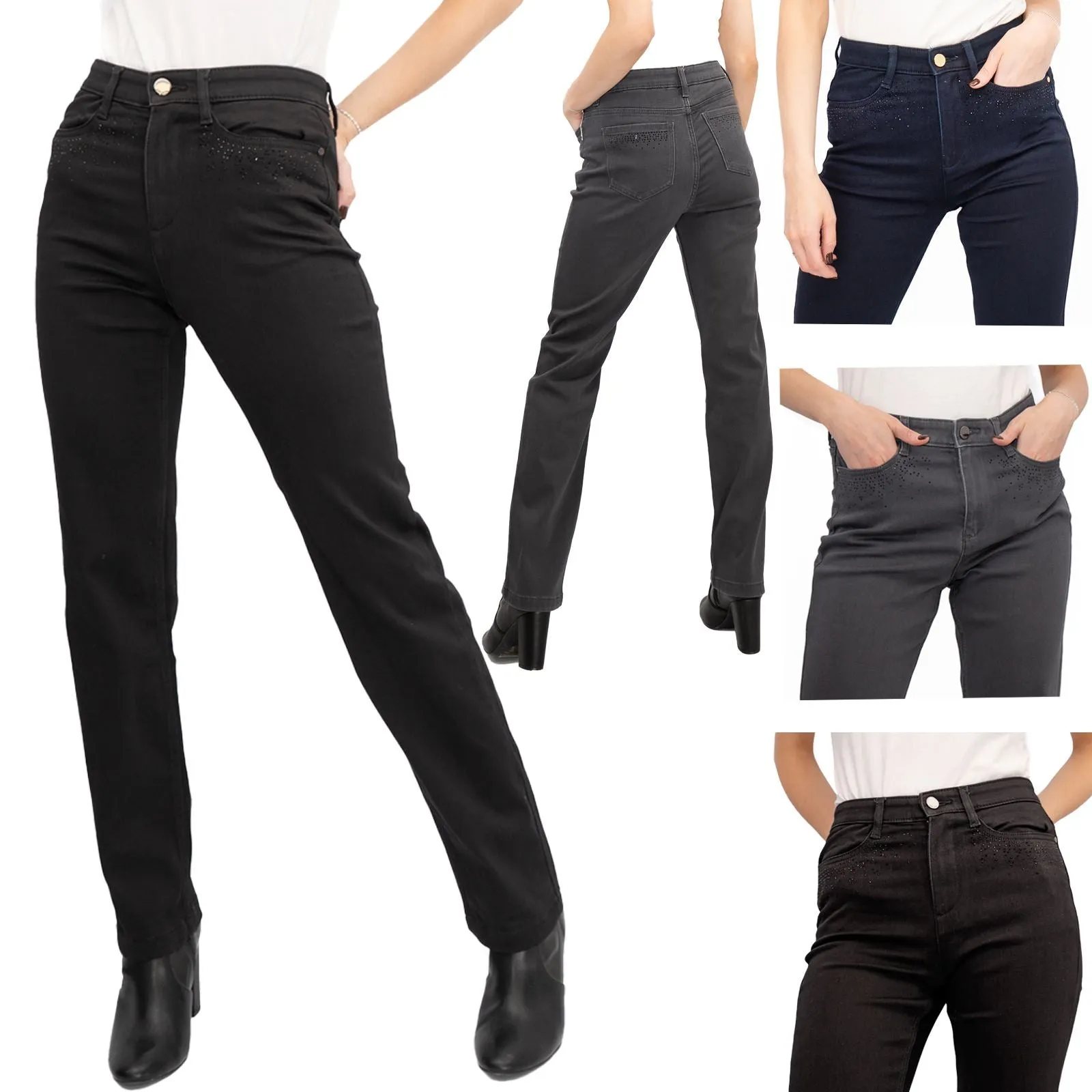 M&S Womens Jeans High Waisted Embellished Sparkle Stretch Straight Leg Indigo