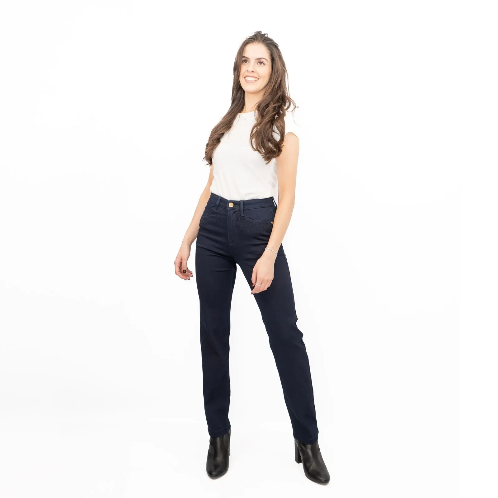 M&S Womens Jeans High Waisted Embellished Sparkle Stretch Straight Leg Indigo
