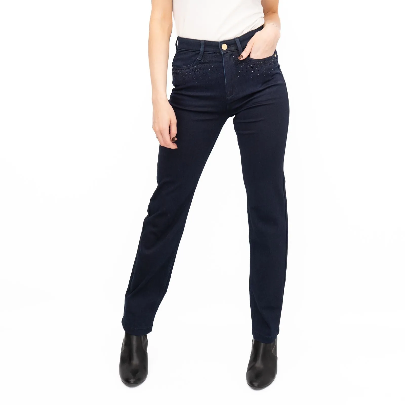 M&S Womens Jeans High Waisted Embellished Sparkle Stretch Straight Leg Indigo