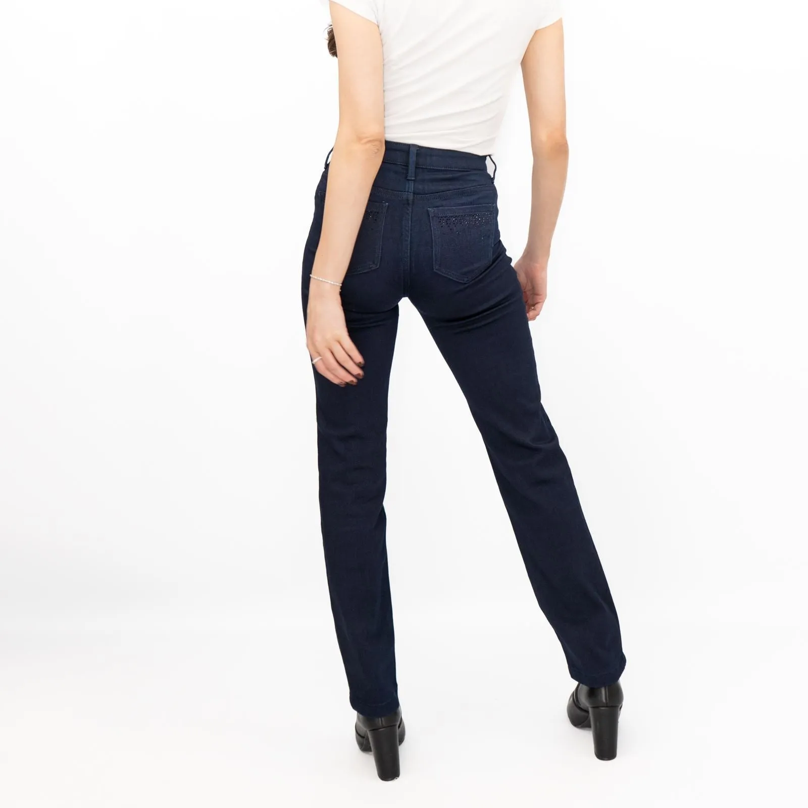 M&S Womens Jeans High Waisted Embellished Sparkle Stretch Straight Leg Indigo