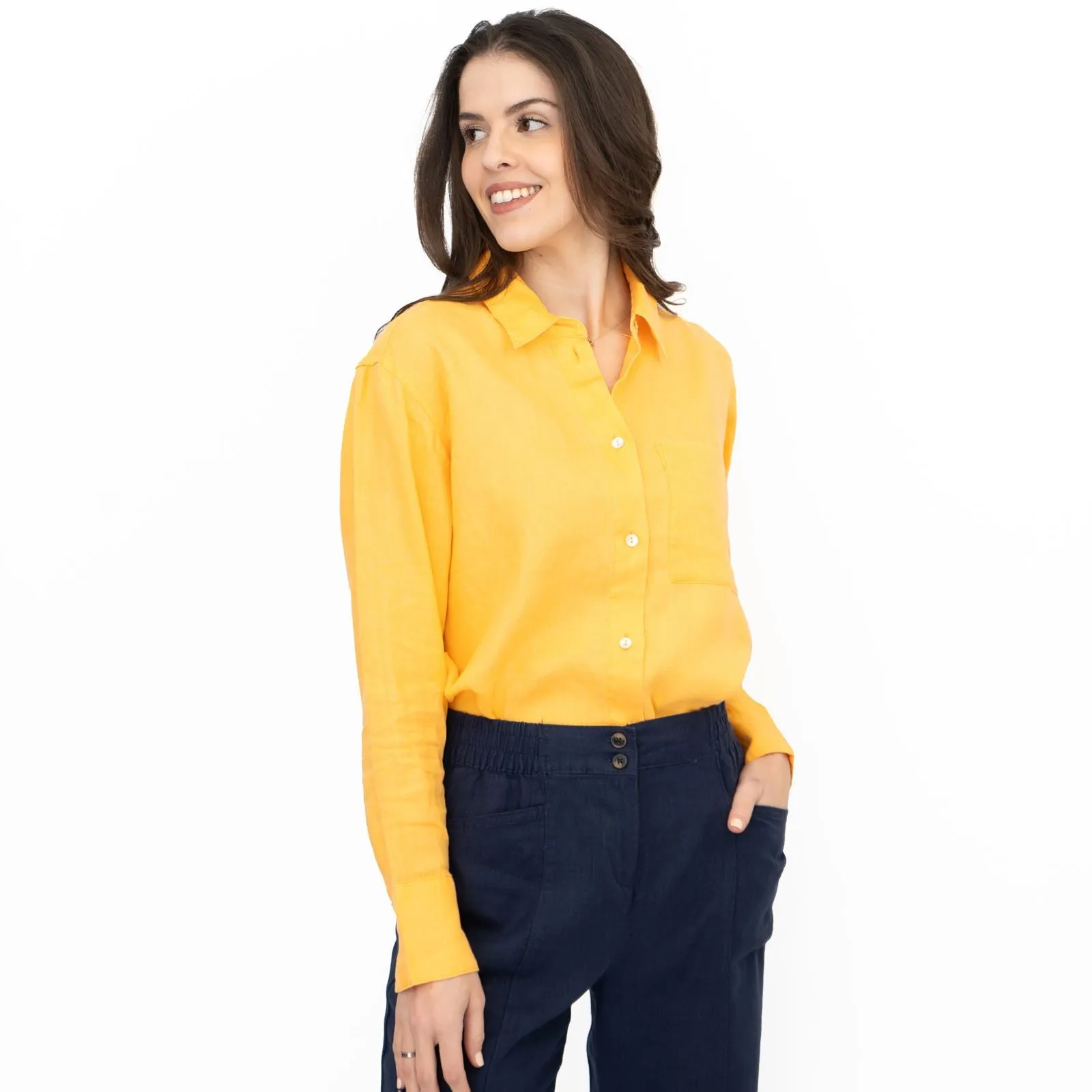 M&S Womens Yellow Pure Linen Collared Blouse