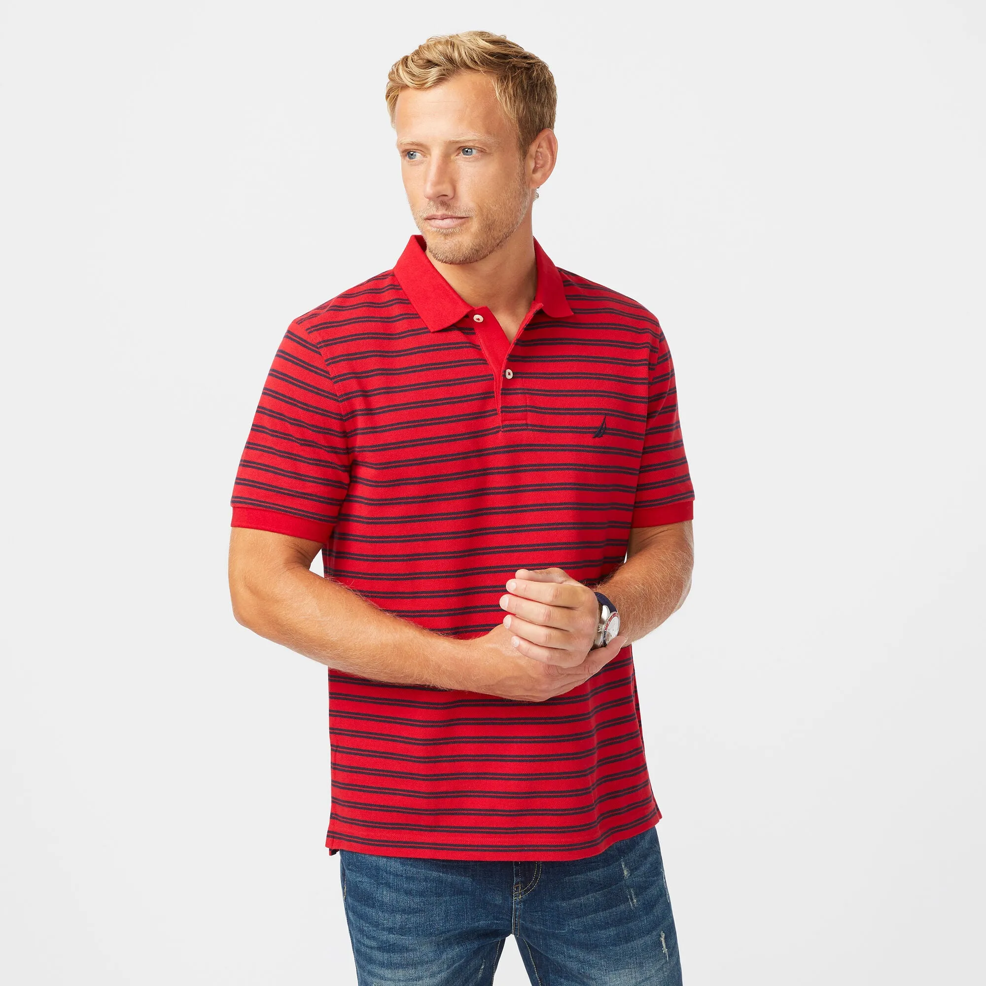 Nautica Mens Classic Fit Striped Premium Cotton Polo