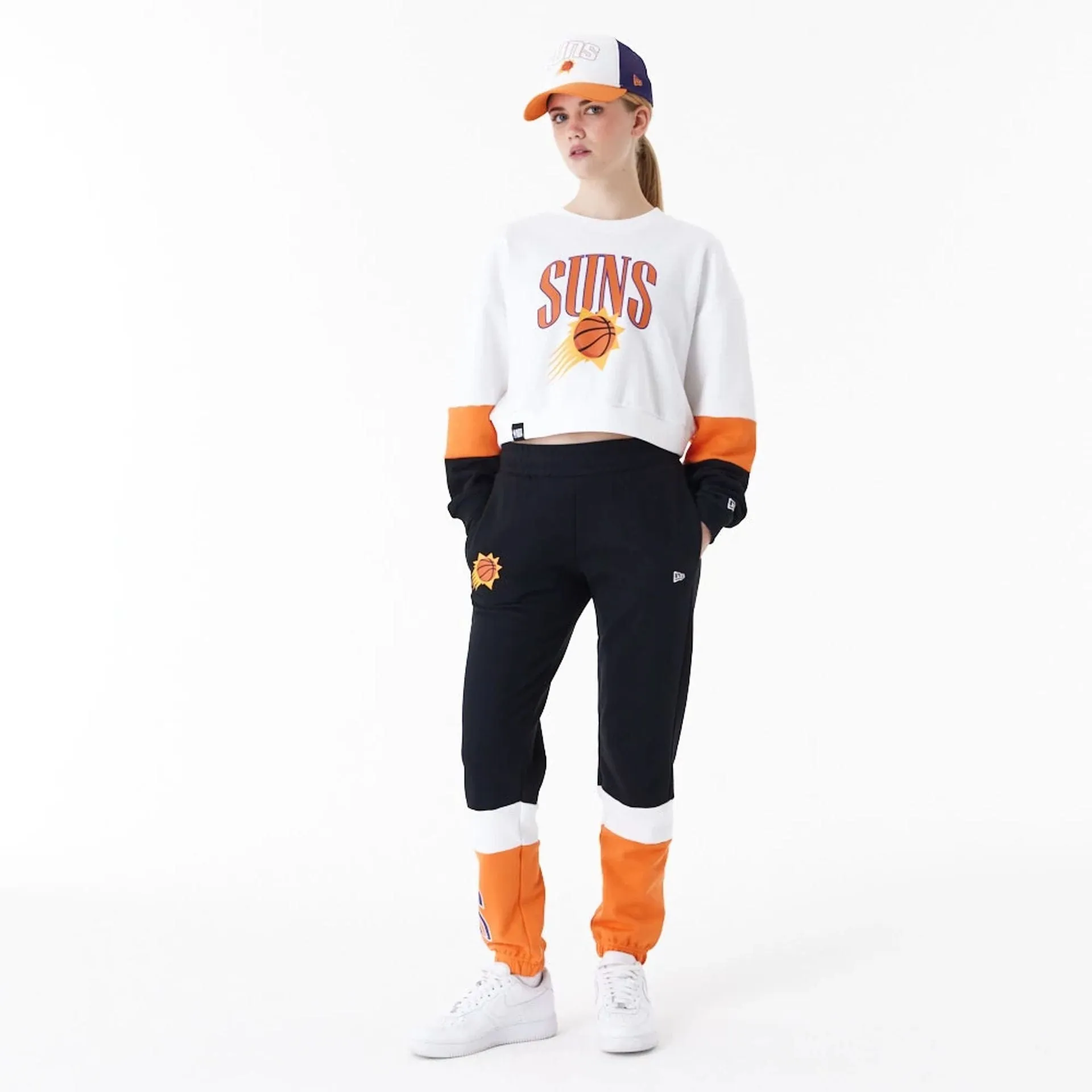 Phoenix Suns Womens NBA Colour Block White Crop Crew Neck Sweatshirt NEW ERA