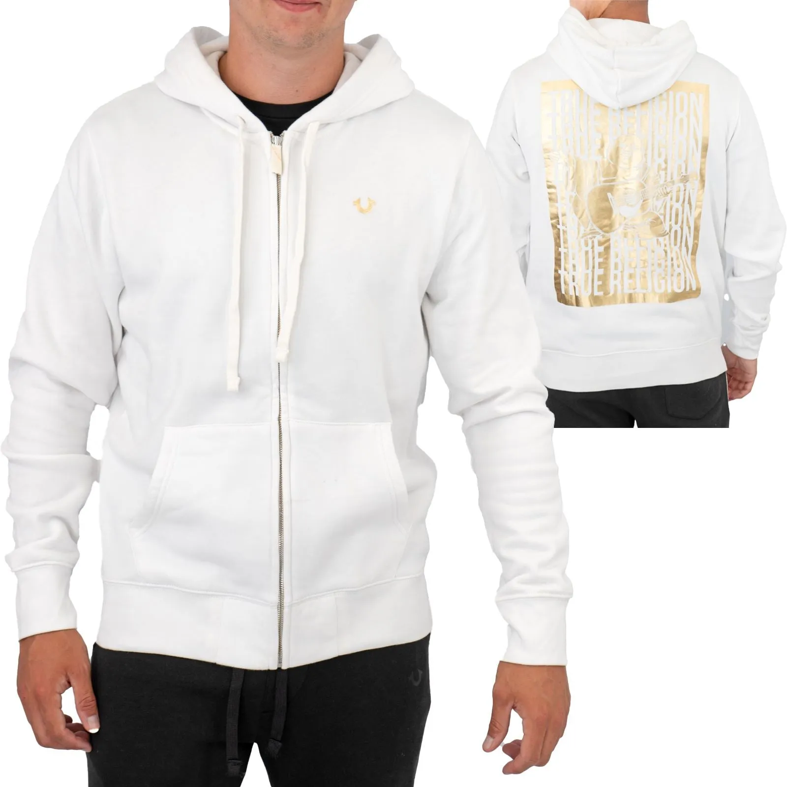 True Religion Mens White Zip Up Hoodie Long Sleeve Tops