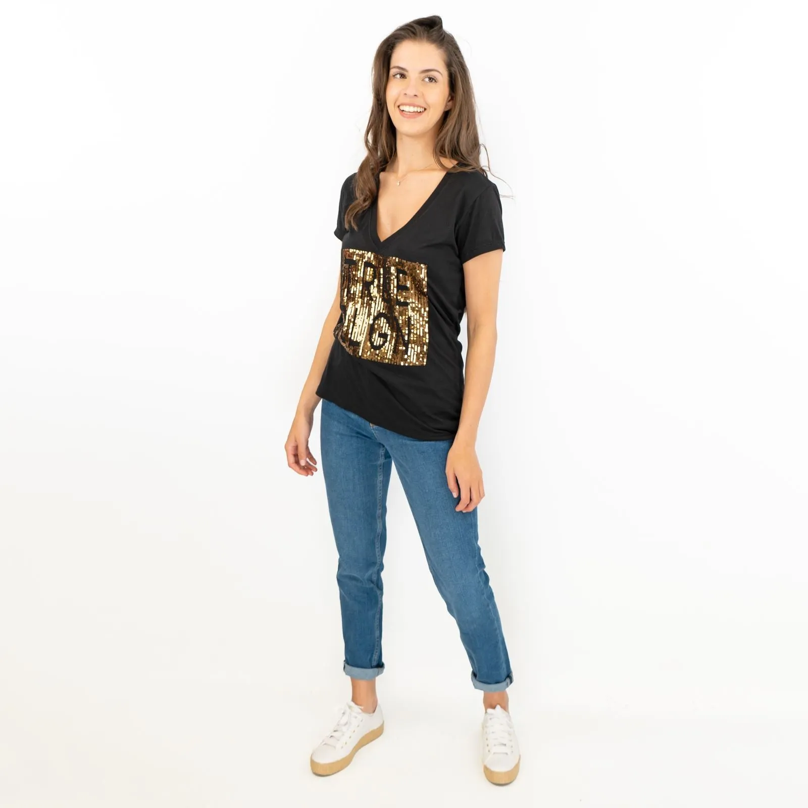 True Religion Womens Black Top T-Shirt Short Sleeve V-Neck