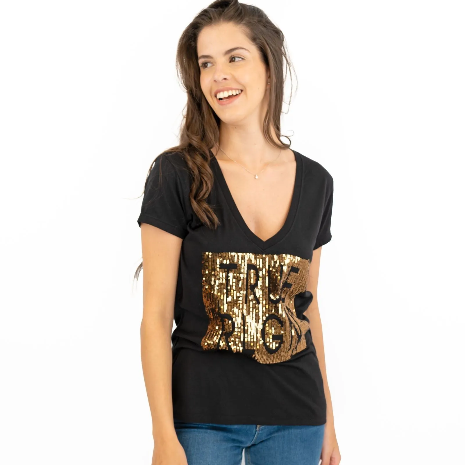 True Religion Womens Black Top T-Shirt Short Sleeve V-Neck