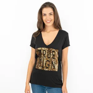 True Religion Womens Black Top T-Shirt Short Sleeve V-Neck
