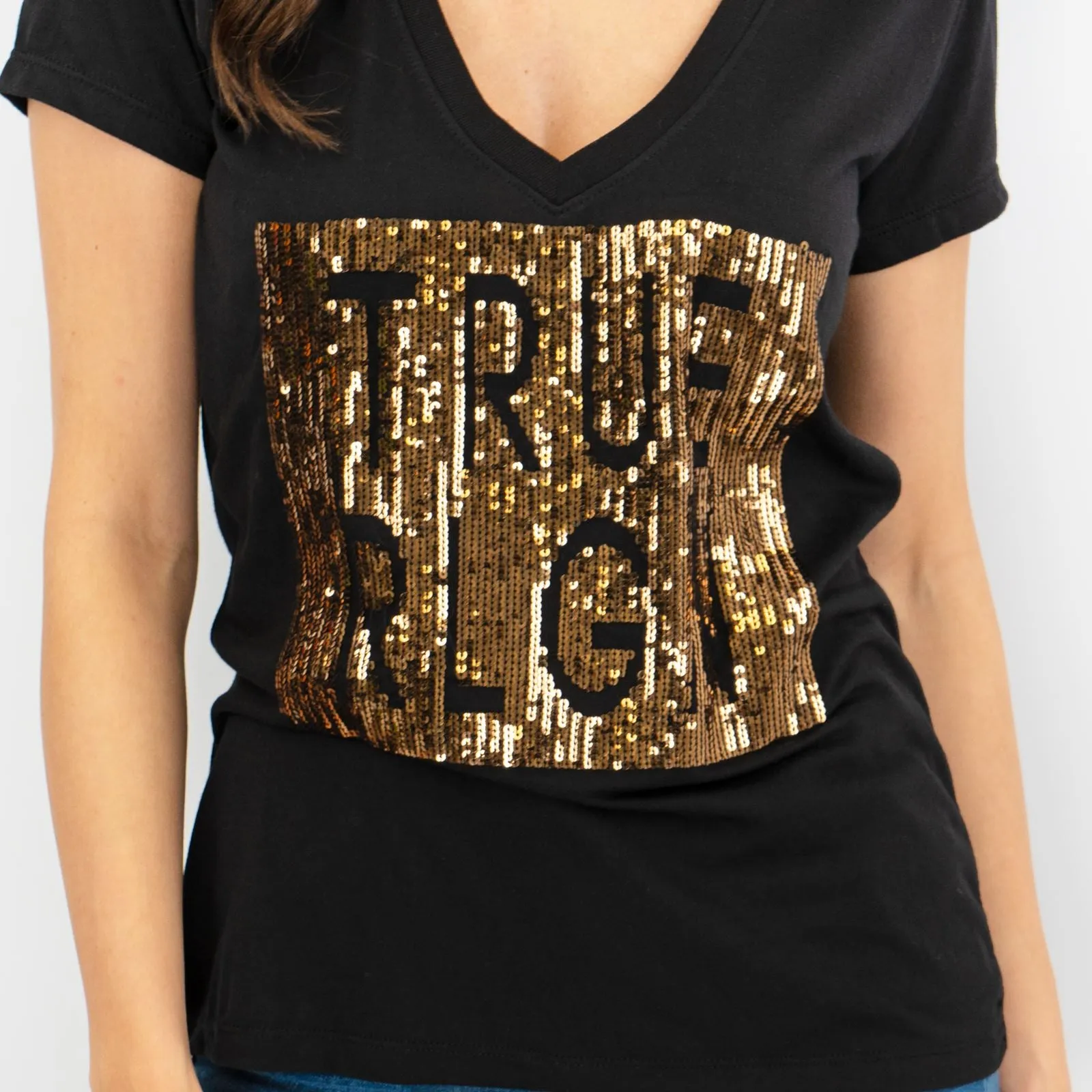 True Religion Womens Black Top T-Shirt Short Sleeve V-Neck