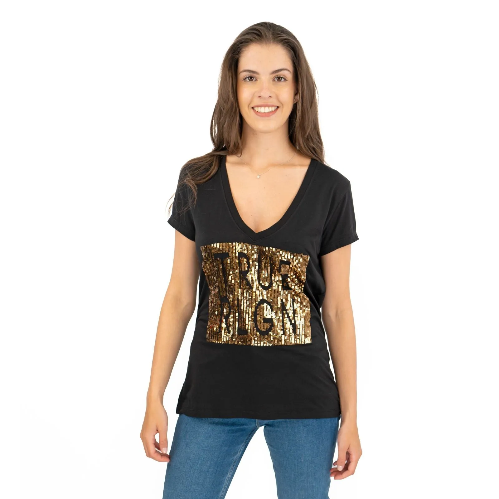 True Religion Womens Black Top T-Shirt Short Sleeve V-Neck