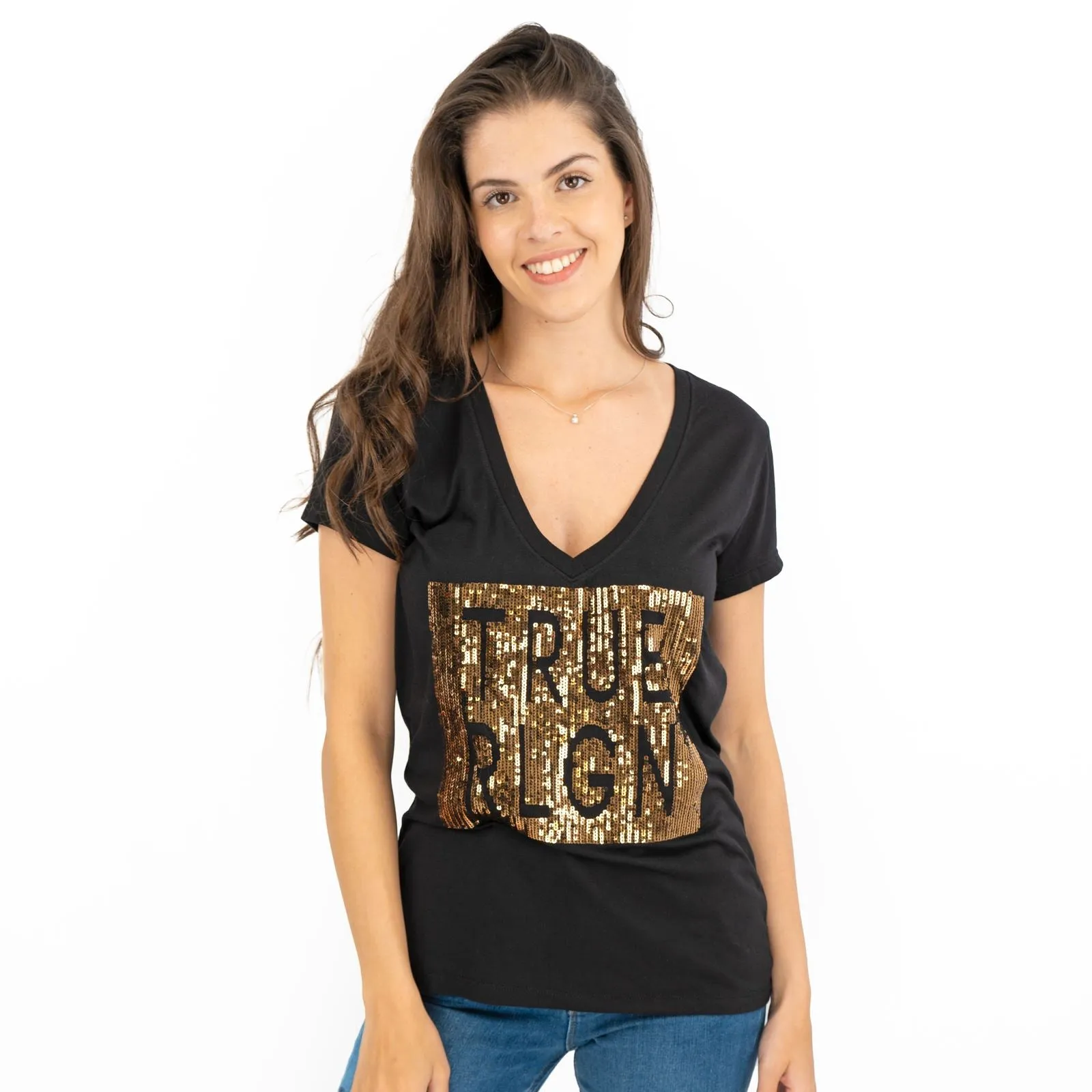 True Religion Womens Black Top T-Shirt Short Sleeve V-Neck