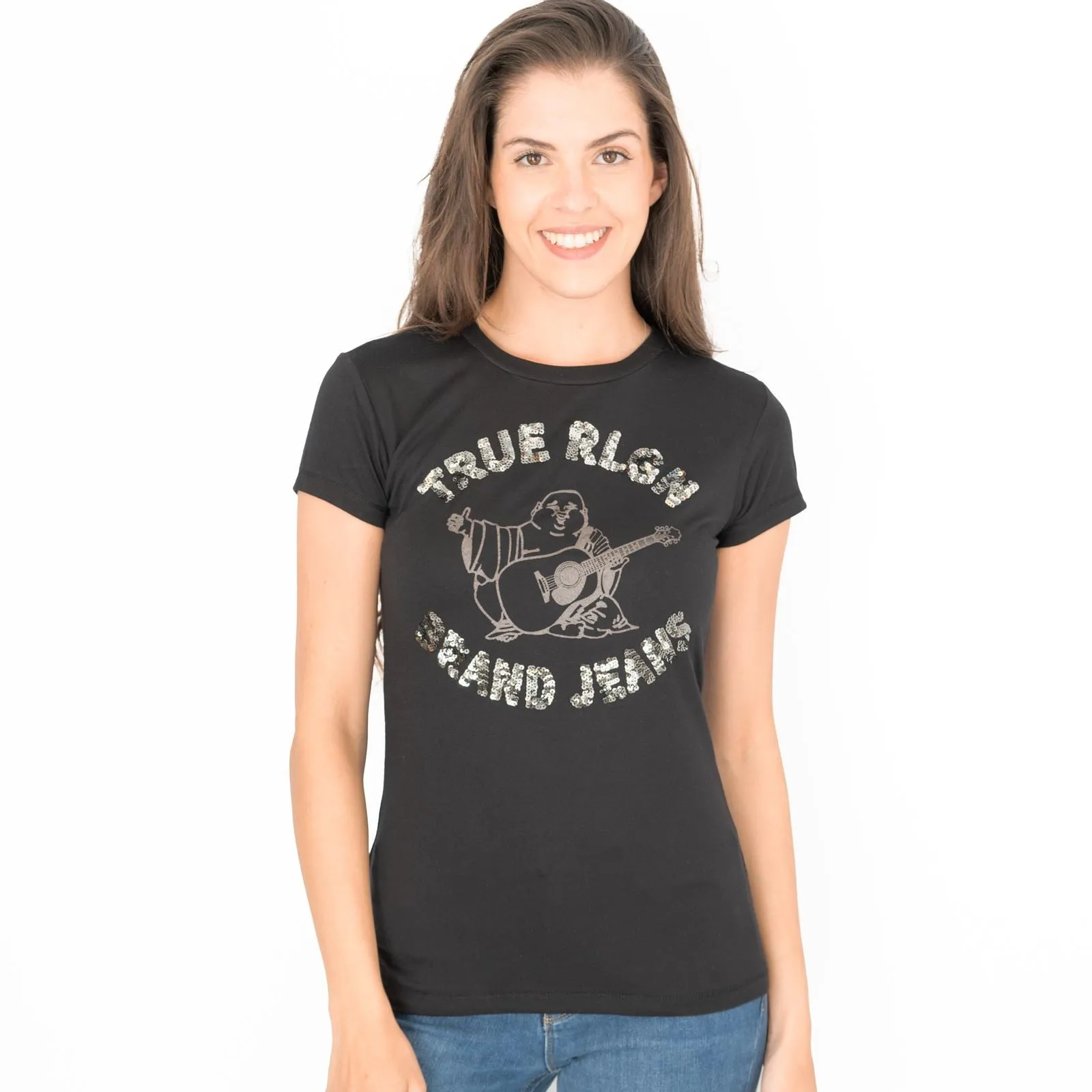 True Religion Womens Top Buda Sequin Black