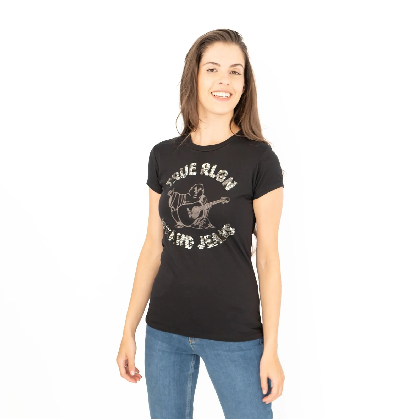 True Religion Womens Top Buda Sequin Black