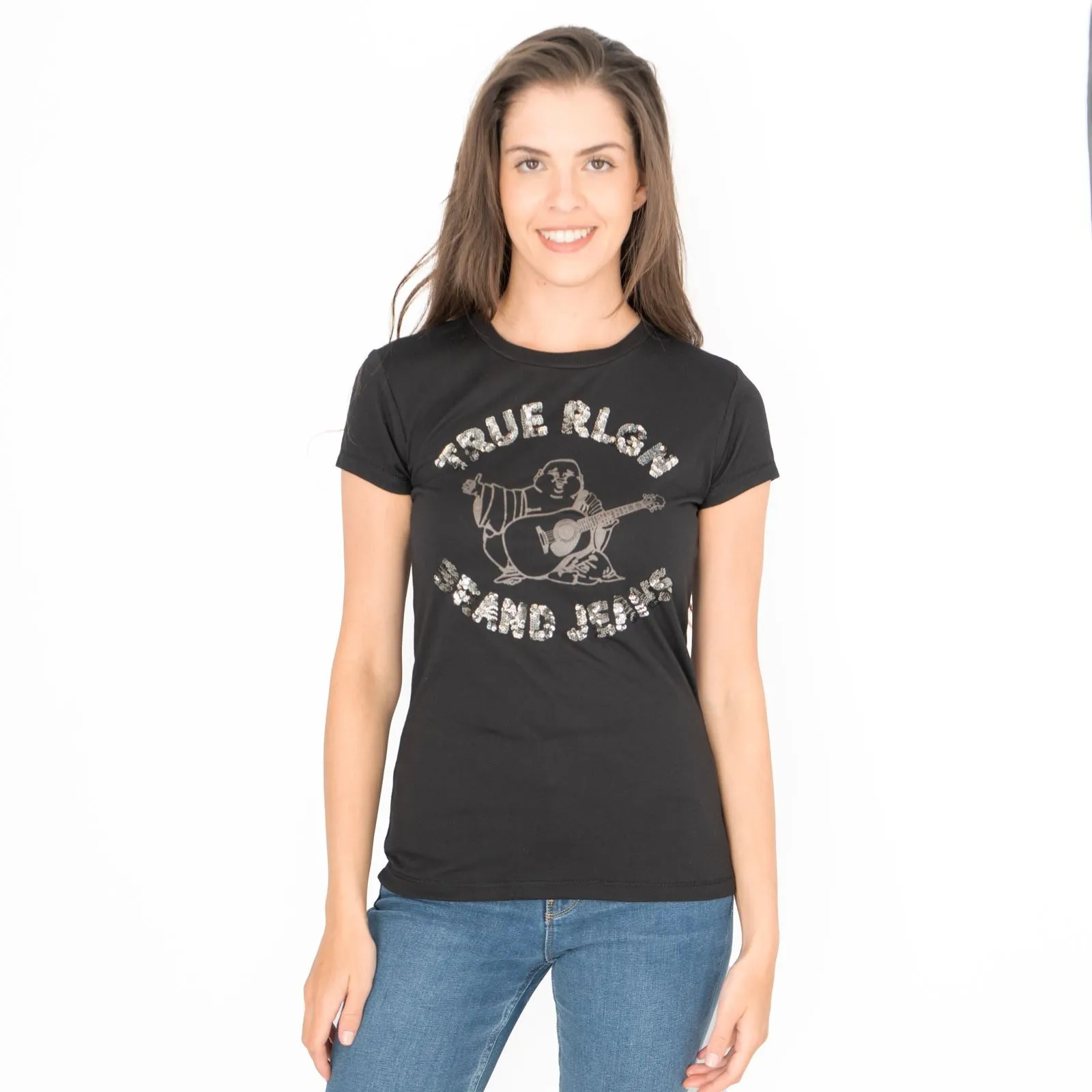 True Religion Womens Top Buda Sequin Black