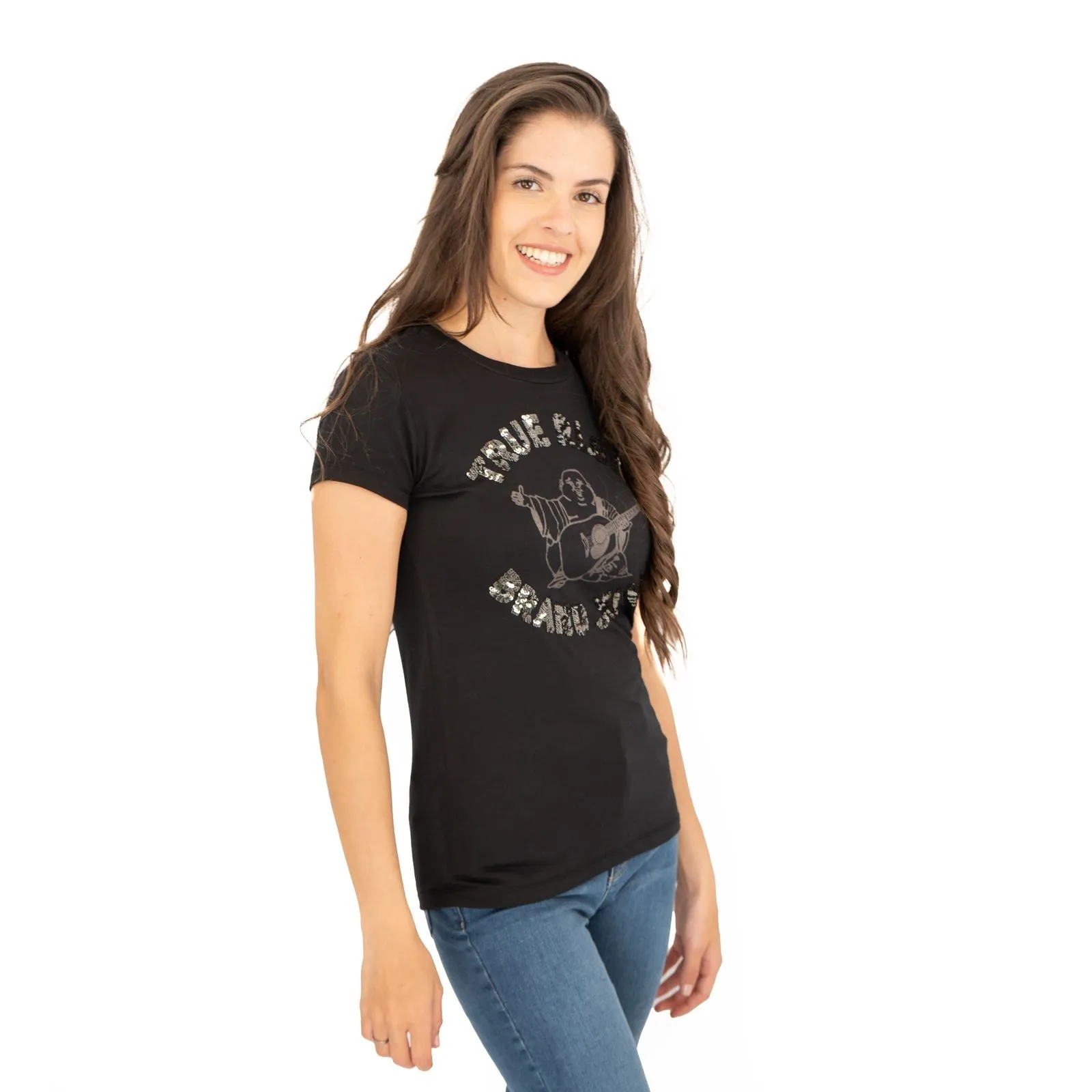 True Religion Womens Top Buda Sequin Black