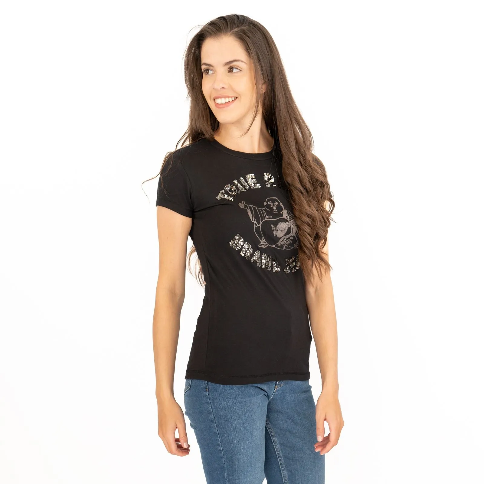 True Religion Womens Top Buda Sequin Black