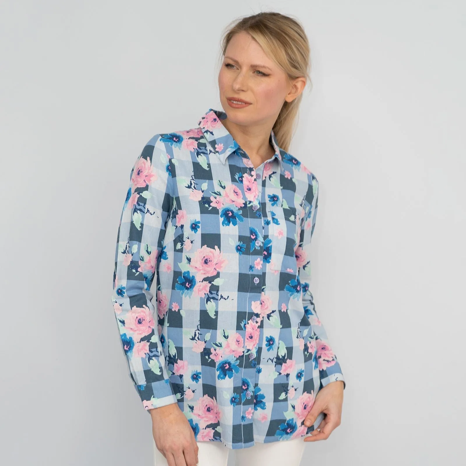 Womens Blue Floral Check Shirt Long Sleeve